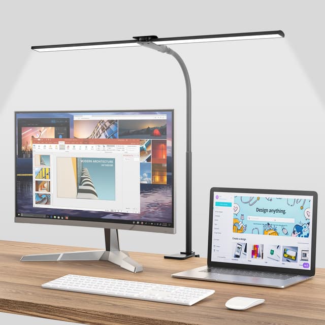 Hensam Schreibtischlampe LED Dimmbar, 1400LM Doppelkopf Schreibtischlampen Klemmbar, Bürolampe mit Schwanenhals für Zuhause und Studio, CRI>83, 5 Farbtemperatur-Helligkeitsstufen, Schwarz Schwarz 64 cm