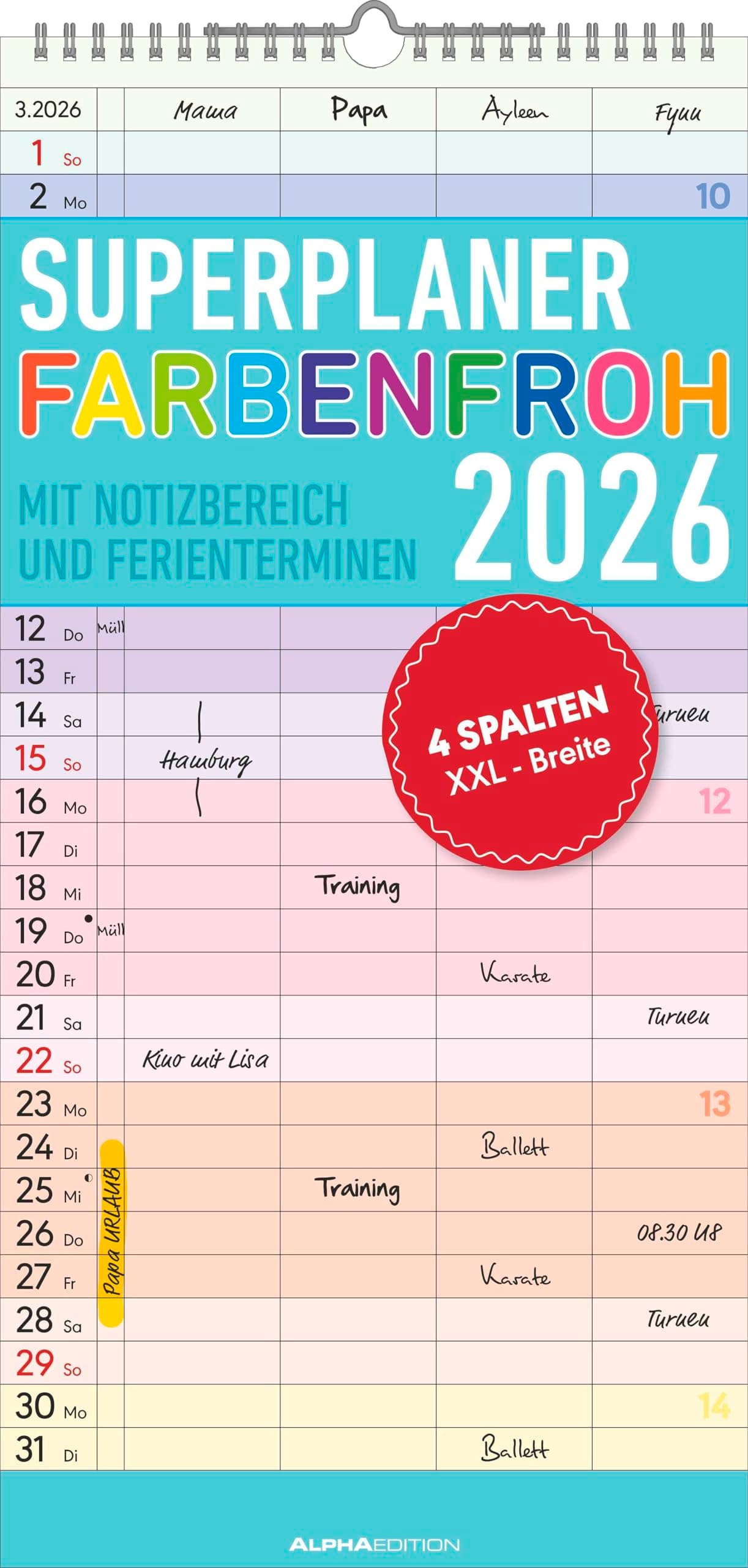 Alpha Edition - Superplaner Farbenfroh - 4 Spalten - Familienkalender 2026 – 4 Spalten, 22x45 cm – Bunter Familien-Timer mit Feiertagen (DE/AT/CH/FR/IT) – FSC-zertifiziert Angebot bei HelloDeals
