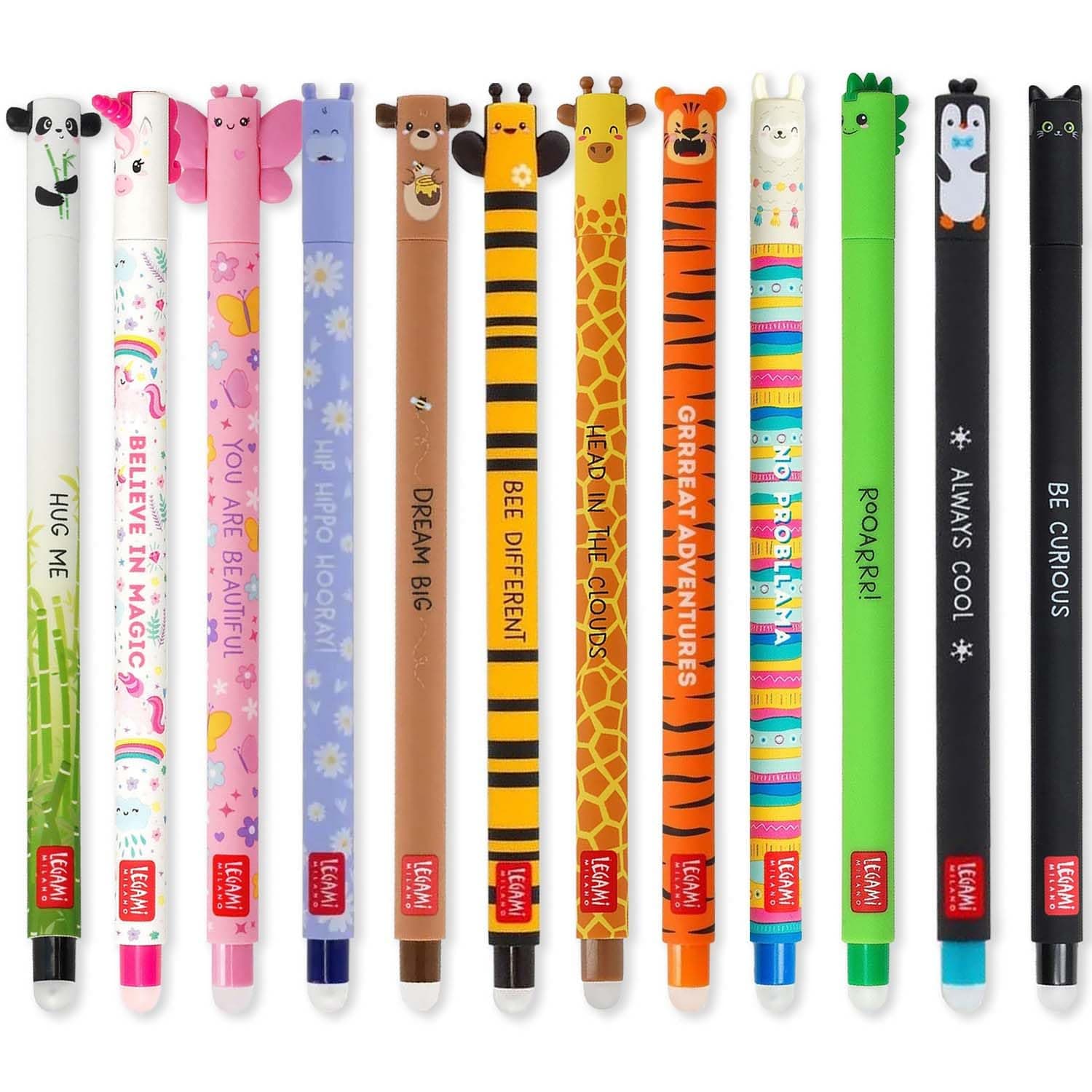 LEGAMI Set mit 12 radierbaren Gelstiften mit thermoempfindlicher Radiertinte, verschiedene Tintenfarben und Schaftdesigns, 0,7 mm Spitze, Tiermotive 12er Set Angebot bei HelloDeals