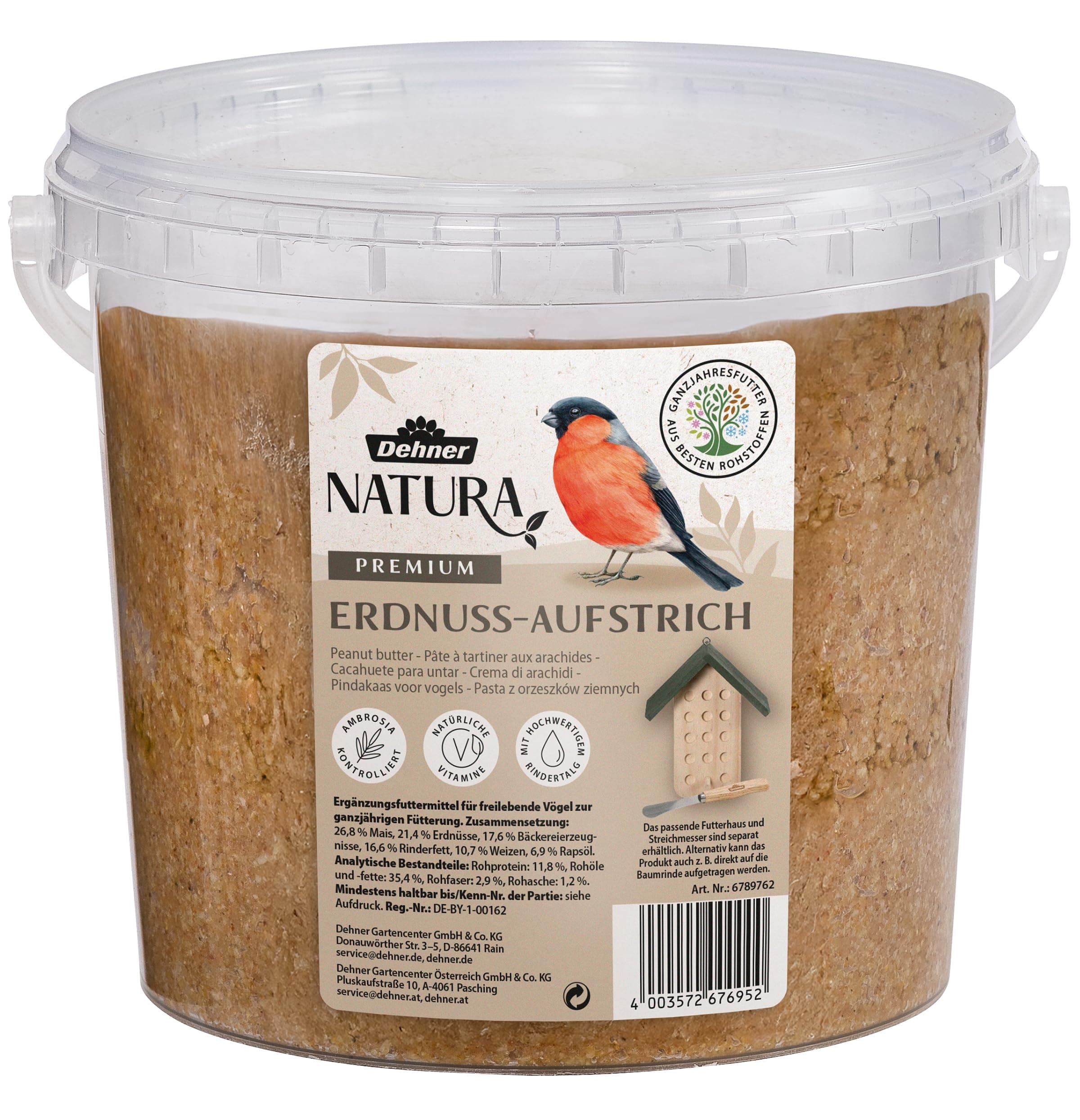Dehner Natura Premium Wildvogelfutter, Erdnuss-Aufstrich, Erdnussbutter im Eimer, Ganzjahresfutter energiereich, hochwertiges Vogelfutter für Wildvögel, 2 kg Erdnuss 2 kg (1er Pack)