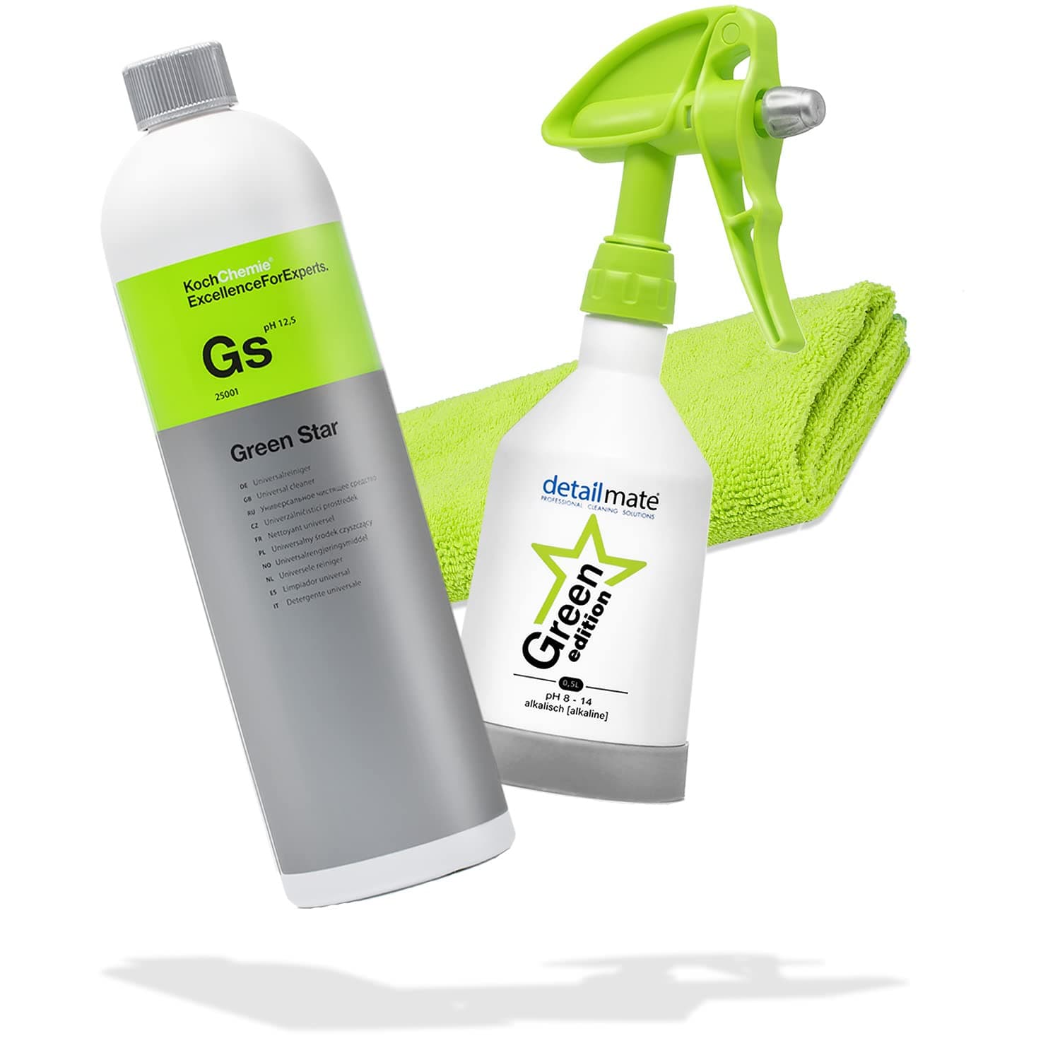 detailmate Green Star Set: Koch Chemie GreenStar Universalreiniger Auto Industrie Werkstatt 1L + KWAZAR Mercury Sprühflasche Green Edition - 0,5l - für ph 8-14 geeignet + Mikorfasertuch + Handschuhe 3-teiliges Set