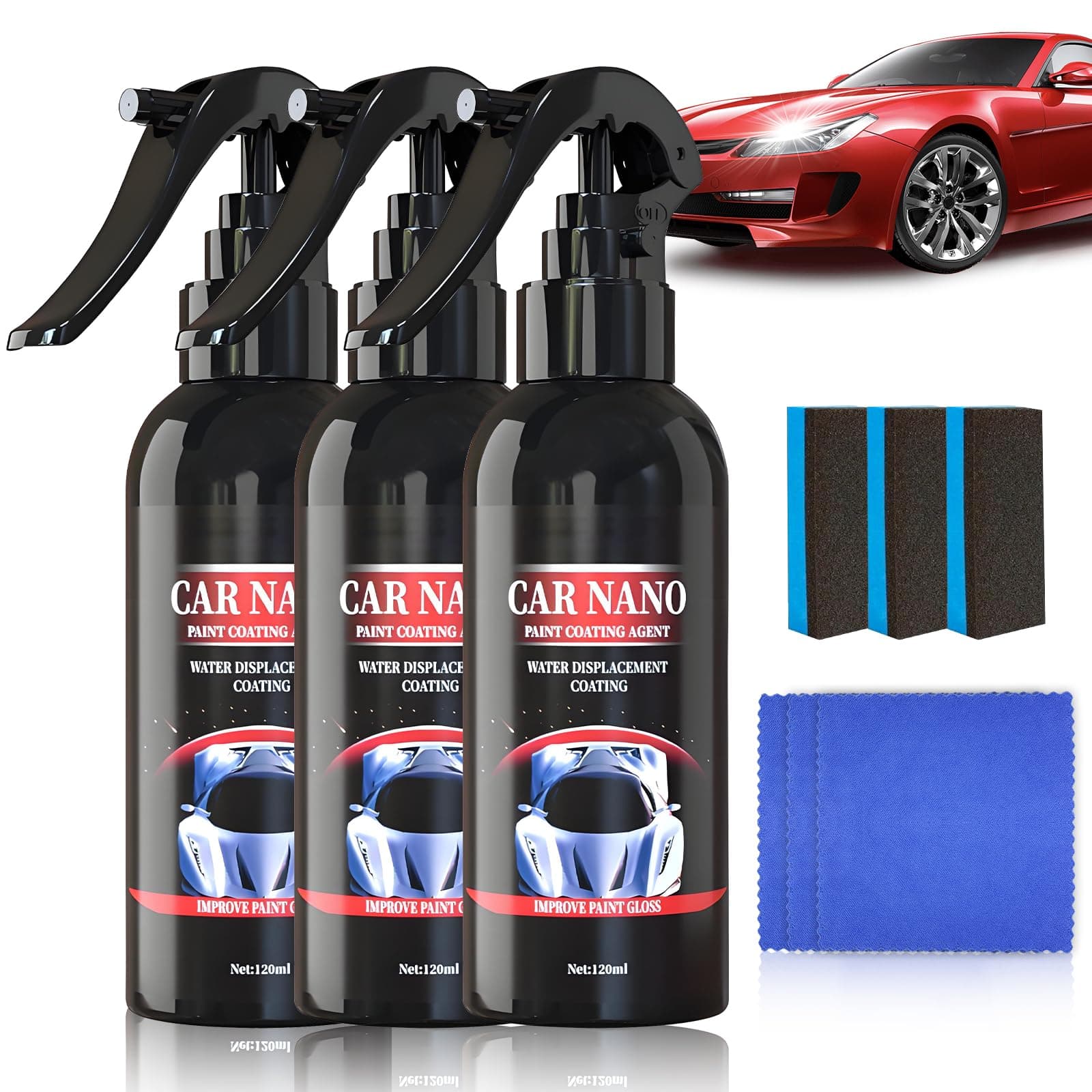 RoserRose 360ml Nano Spray, Nano Car Spray, Car Nano Kratzer Spray, High Protection Fast Coated Car Nano Spray, Car Coating Spray Mit 3 Handtücher, 3 Sprühköpfe und 3 Schwämme (3 Stück)