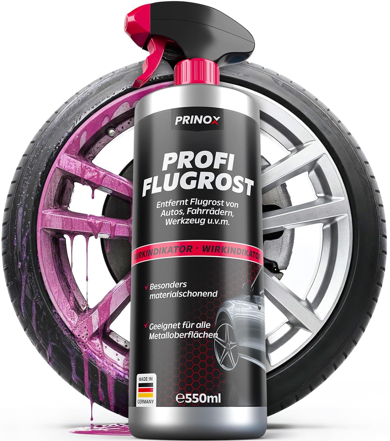 Prinox Profi Flugrostentferner Spray 550ml - Entfernt hartnäckigen Flugrost & Industriestaub - Lackreiniger für Autolack & Felgen mit hoher Reinigungsleistung zum Entfernen von Flugrost