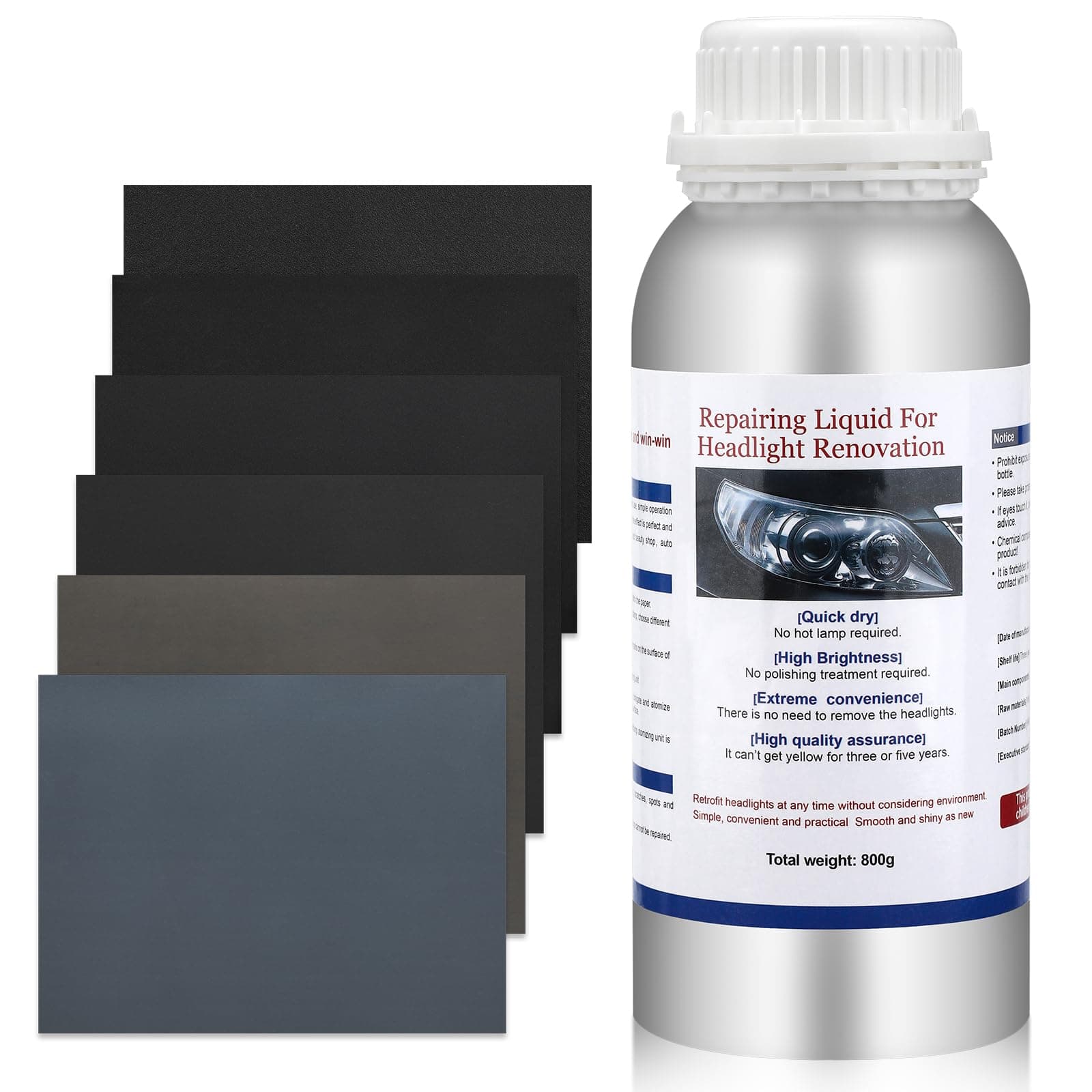 Scheinwerfer aufbereitung Set, 800g Auto Scheinwerfer-Reparaturset Politur Set, Scheinwerfer Bedampfen Flüssigkeit, Headlight Restoration Flüssigkeit für Gelbfärbung/Kratzen/Unschärfen/Oxidation