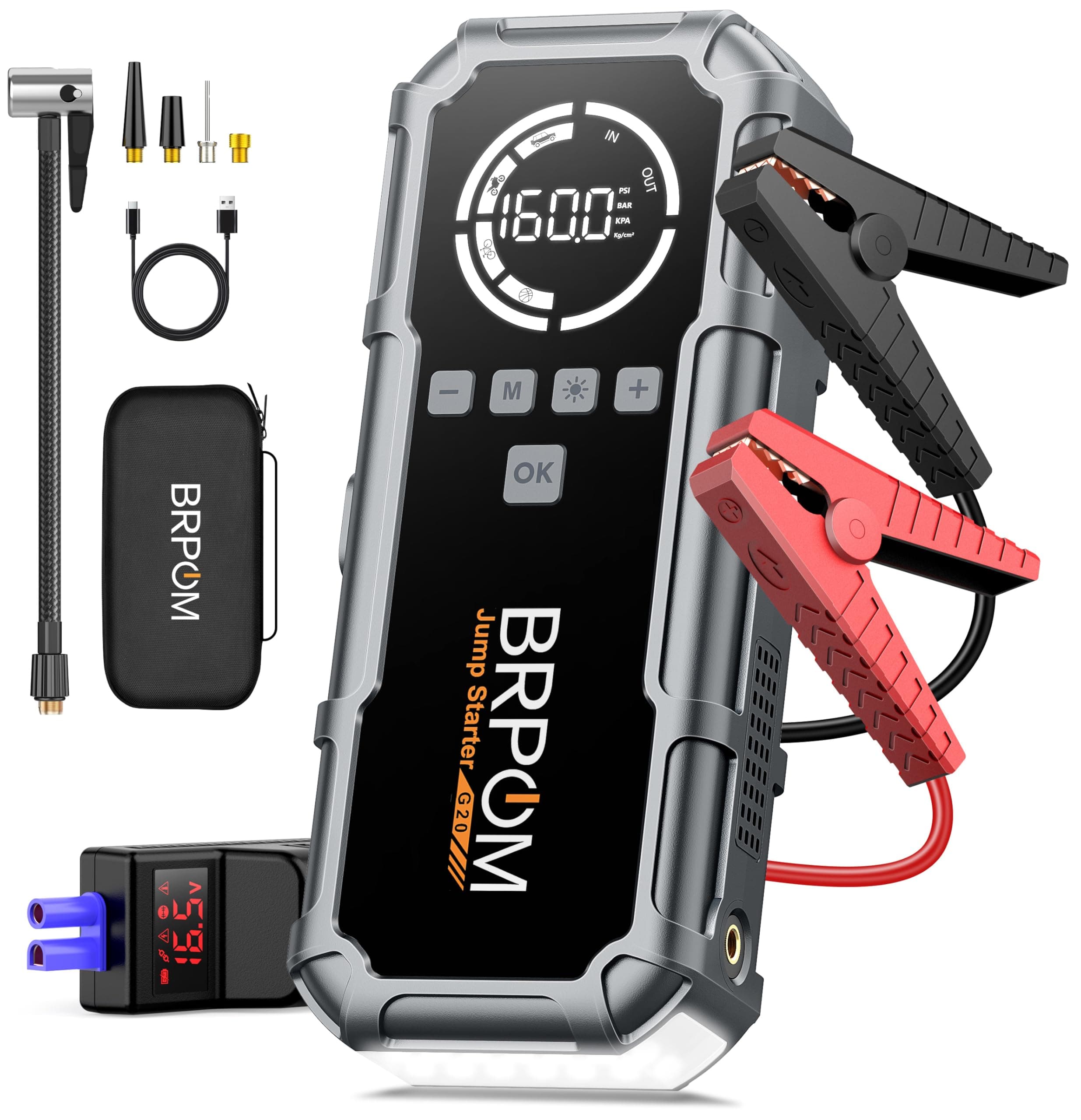 BRPOM Starthilfe Powerbank für Pkw mit Kompressor 160PSI,8000A 26800mAh Auto Starthilfe Powerbank für All Benzin und 12.0L Dieselmotor,Starter Powerbank Eingang/Ausgang und 600LUM LED-Licht