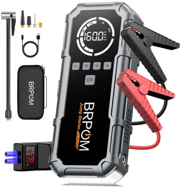 BRPOM Starthilfe Powerbank für Pkw mit Kompressor 160PSI,8000A 26800mAh Auto Starthilfe Powerbank für All Benzin und 12.0L Dieselmotor,Starter Powerbank Eingang/Ausgang und 600LUM LED-Licht