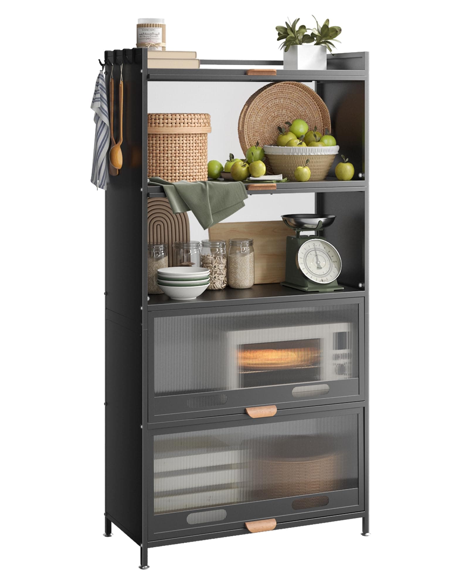 NETEL Rostfreies 5-stufiges Küchenregale Stehend, Küchenschrank mit Rollen und Füße, Mikrowellenschrank, Bäckerregal, Standregal, Lagerregal für Küche Wohnzimmer mit Sichtbare Türen, Vintage, Schwarz 5 Tier Schwarz