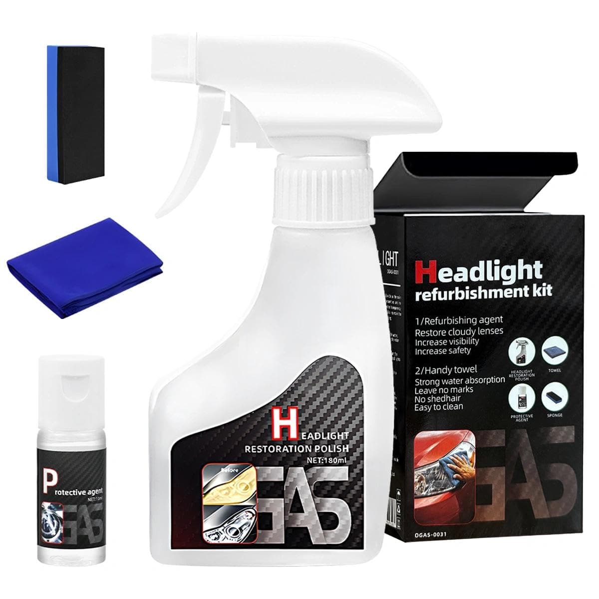 Doksvp Scheinwerfer Aufbereitung Spray Set, Headlight Restoration Polish Kit 180ml, Scheinwerfer Polierset Restaurationsspray, für Reinigt Poliert Vermattete Vergilbte