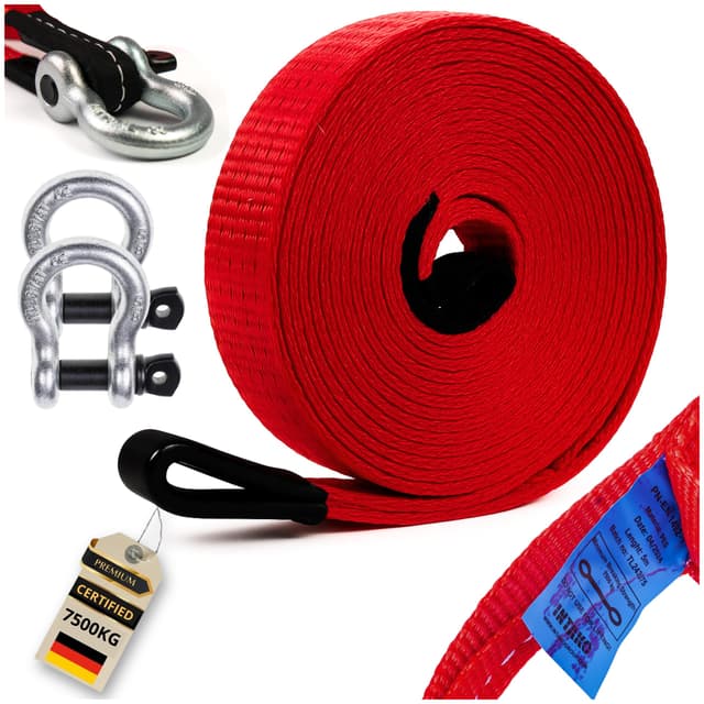 INTAKO Auto Abschleppseil PKW - 5 Meter (7500kg) Geprüft PN-EN 1492-1 - Abschleppschlaufe mit 2 Verstärkten Haken - Abschleppseile für LKW ATV Offroad
