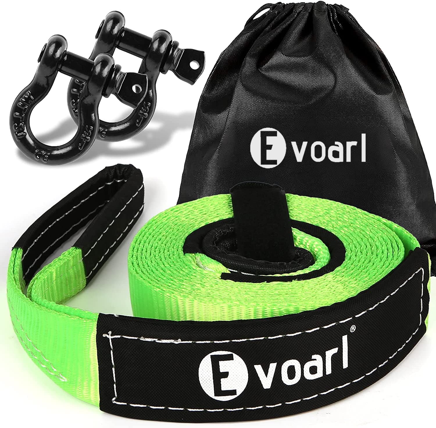 EVOARL Abschleppseil 8T Bruchfestigkeit, Abschleppgurt Bausätze mit 2 Verstärkten Schäkel und Aufbewahrungstasche, Bergegurt für Auto, PKW Abschleppen - 5M x 5cm Grün
