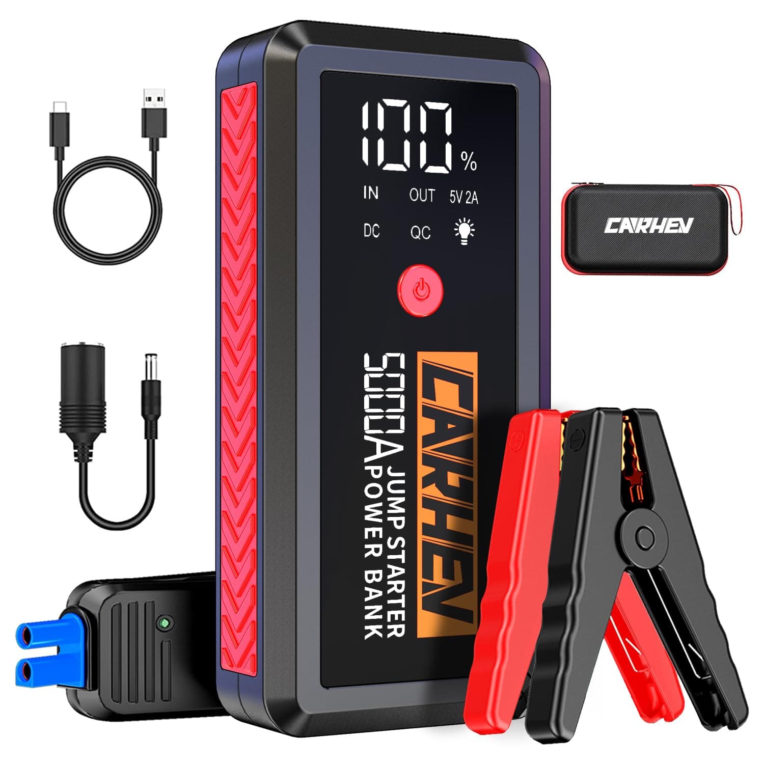 CARHEV 5000A Starthilfe Powerbank für Pkw, Booster Auto Starthilfe, 12V Starter Powerbank(Bis zu 8.0L Benzin Oder 8.0L Diesel) Auto Batterie Booster mit Schnelllade USB Ausgänge und LED Taschenlampe