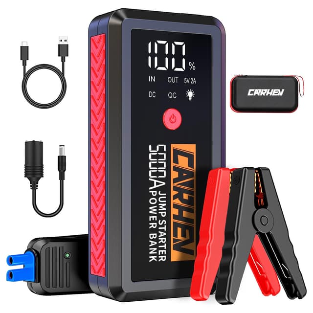 CARHEV 5000A Starthilfe Powerbank für Pkw, Booster Auto Starthilfe, 12V Starter Powerbank(Bis zu 8.0L Benzin Oder 8.0L Diesel) Auto Batterie Booster mit Schnelllade USB Ausgänge und LED Taschenlampe