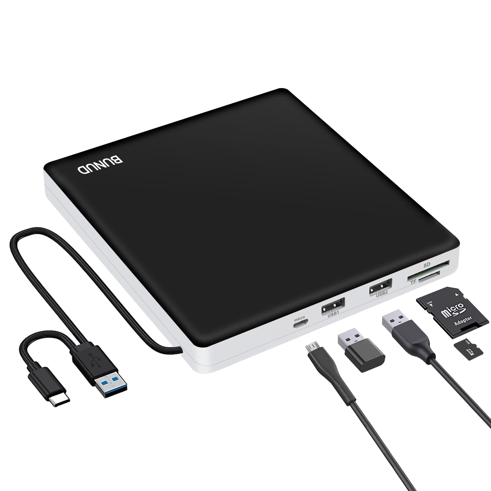 BUNUD Externes DVD Laufwerk für Windows 11: USB 3.0 & Type-C CD Laufwerk Extern Externer CD/DVD Brenner und Player mit 2 USB & SD/TF - Externe CD- & DVD-Laufwerke für Laptop Mac PC MacBook Pro Air schwarz-weißes externes cd/dvd-laufwerk