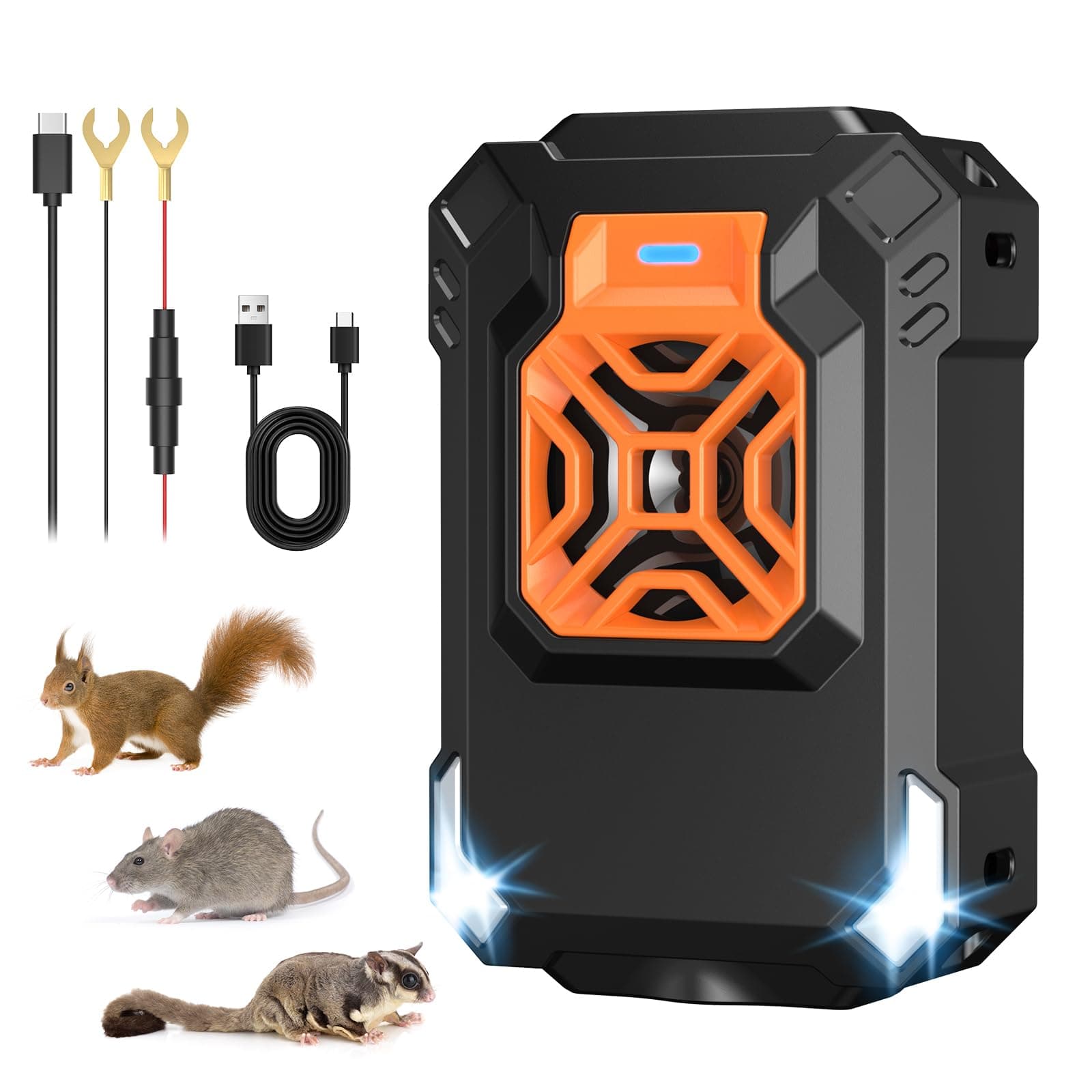 Osnil Marderschreck Marder-Frei für Auto Ultraschall, 12V Kfz-Stromversorgung und USB-Stromversorgung, Tiervertreiber und Mäusevertreiber, ausgestattet mit LED-Blinkwarnleuchte Grau