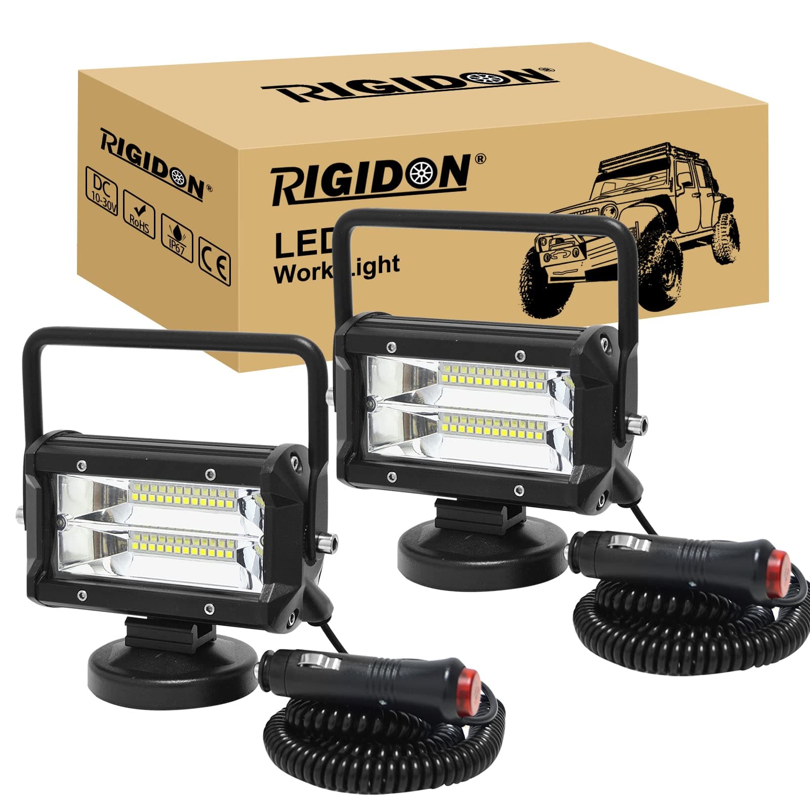 RIGIDON 2 Pcs Led arbeitsscheinwerfer mit magnetfuß, 5 Zoll 13cm 72W 12V 24V led flutstrahler, offroad beleuchtung für Auto SUV ATV, Traktor, LKW, 4x4, Boot,6000K led suchscheinwerfer, arbeitslicht