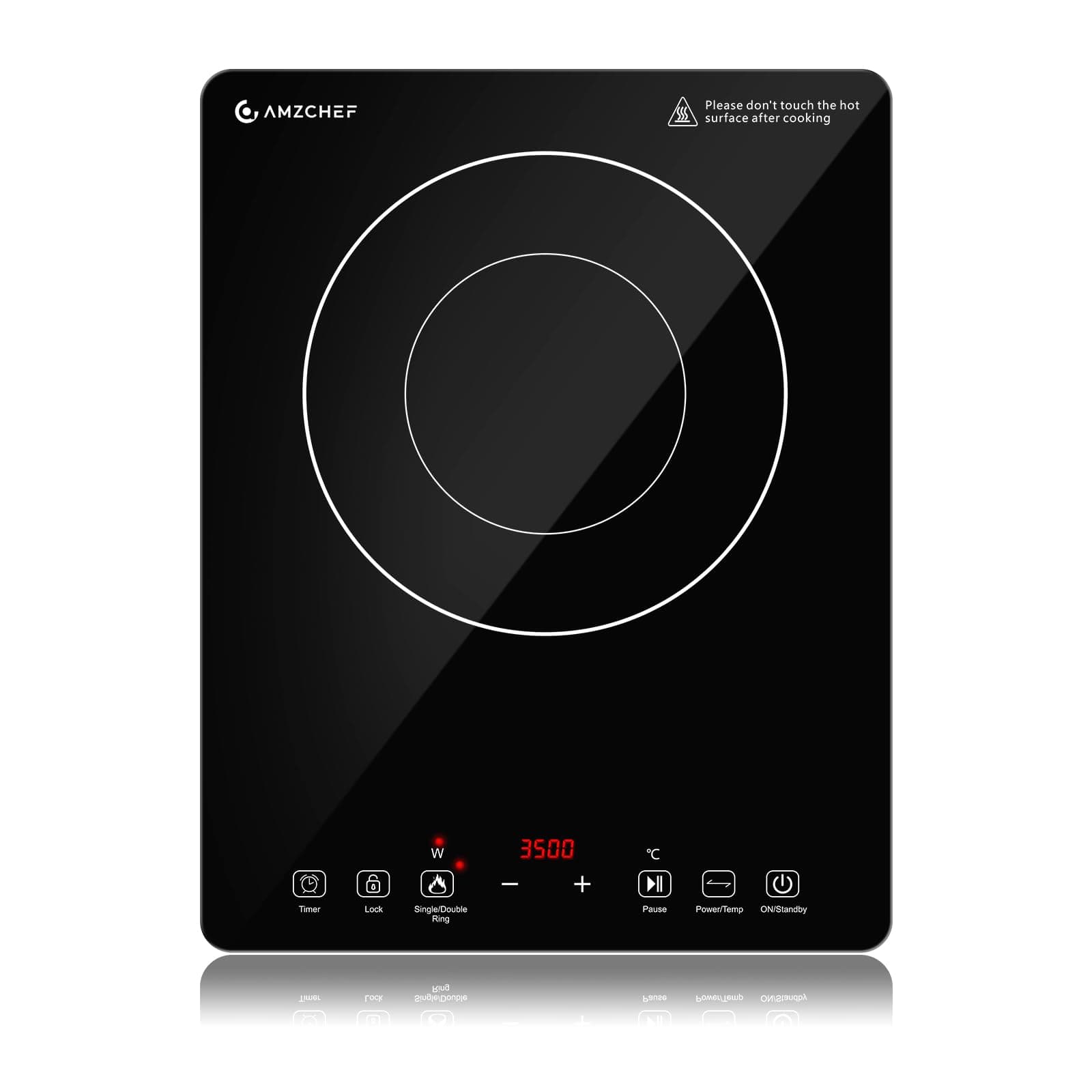 AMZCHEF Induktionskochplatte Einzel, 3500W Induktionskochfeld 1 Platte mit Doppelter Ring, 9 Leistungs- und Temperaturstufen, Sicherheitssperre, Pausenfunktion, Zeitschaltuhr, Überhitzungsschutz Schwarz 41.5 x 32.5 x 7.5 cm