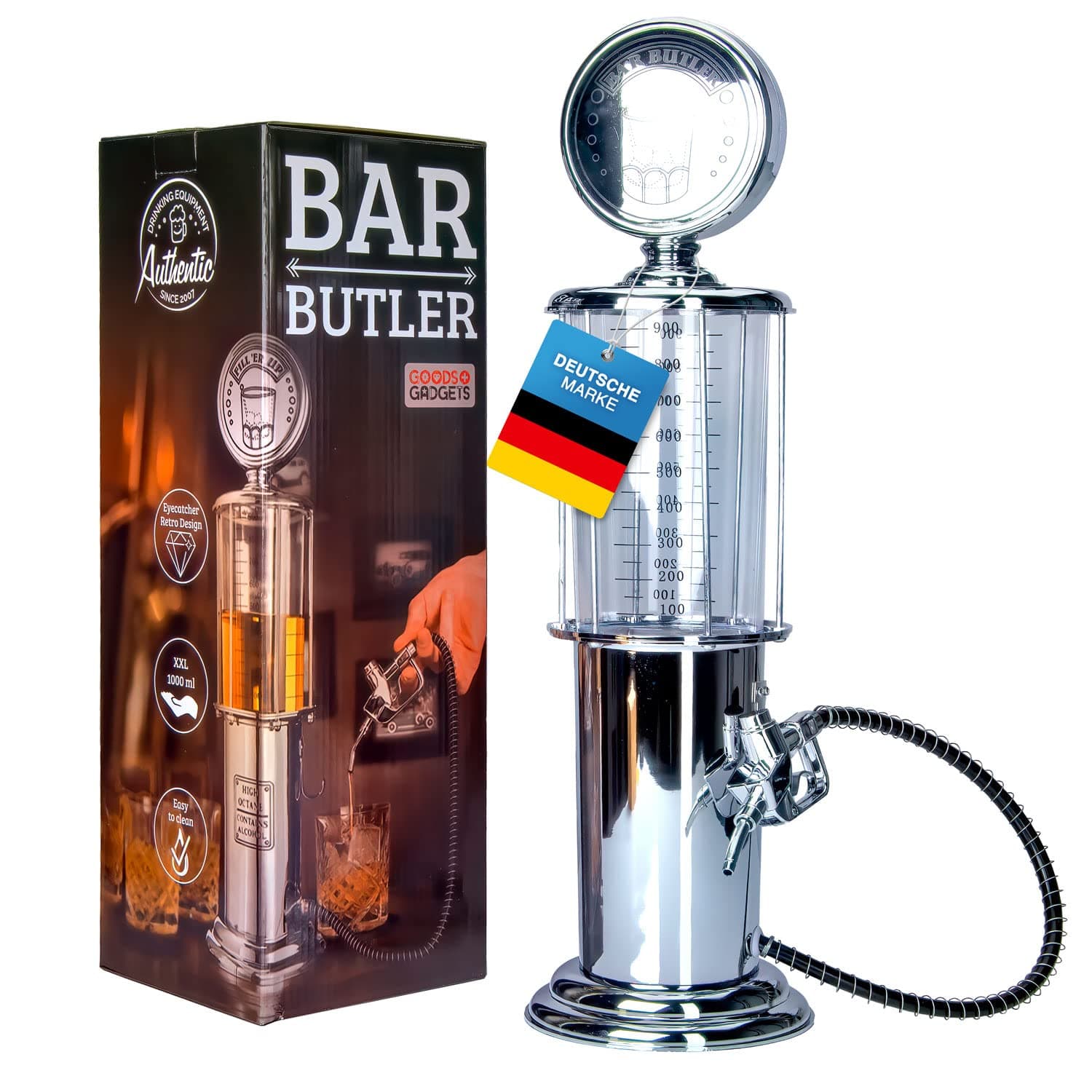 Retro Getränkespender im verchromten Nostalgie Design | Bar-Butler Zapfsäule mit Zapf-Schlauch für Party Getränke Dispenser Biertower Bierspender Zapfanlage Biersäule Schanksäule | Party Gadgets 1 X Zapfsäule