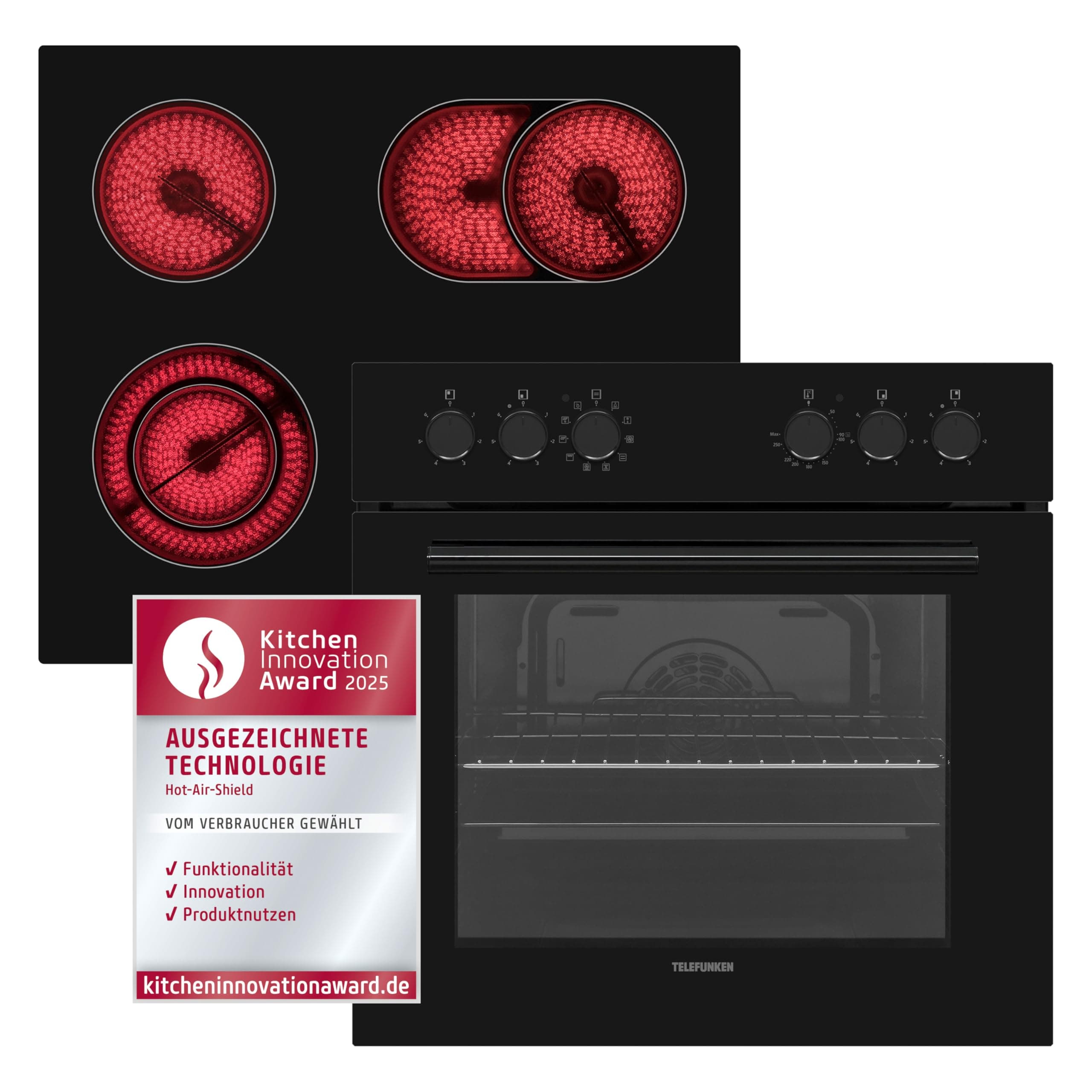 Telefunken ECHS65A-B2 Einbauherd-Set | Elektro-Herd-Kochfeld-Kombination | Backofen mit Grill und Umluft | Rahmenloses Glaskeramik-Kochfeld mit 4 Zonen | Hot Air Shield | 65 Liter | 60 cm | Edelstahl Mit Hot Air Shield