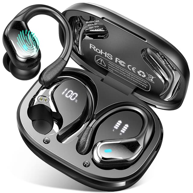 Bluetooth 5.4 Kopfhörer Sport, 75Std 3D-Stereo Kopfhörer Kabellos Bluetooth, IP-X8 Wasserdicht Tiefer Bass Wireless Earbuds, 4 ENC Noise Cancelling Mic Headphones, 7g USB-C in-ear Ohrhörer Gym Joggen A-Sterne Schwarz