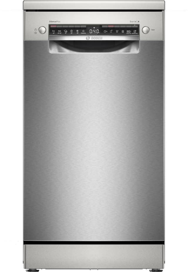 Bosch SPS4HMI49E Serie 4, Freistehender Geschirrspüler, 45 cm, Besteckschublade, Intensive Zone, Extra Trocknen, DuoPower - extra gründliche Reinigung, Home Connect, Gebürsteter Stahl, AntiFingerprint Serie 4 EEK E Freistehend