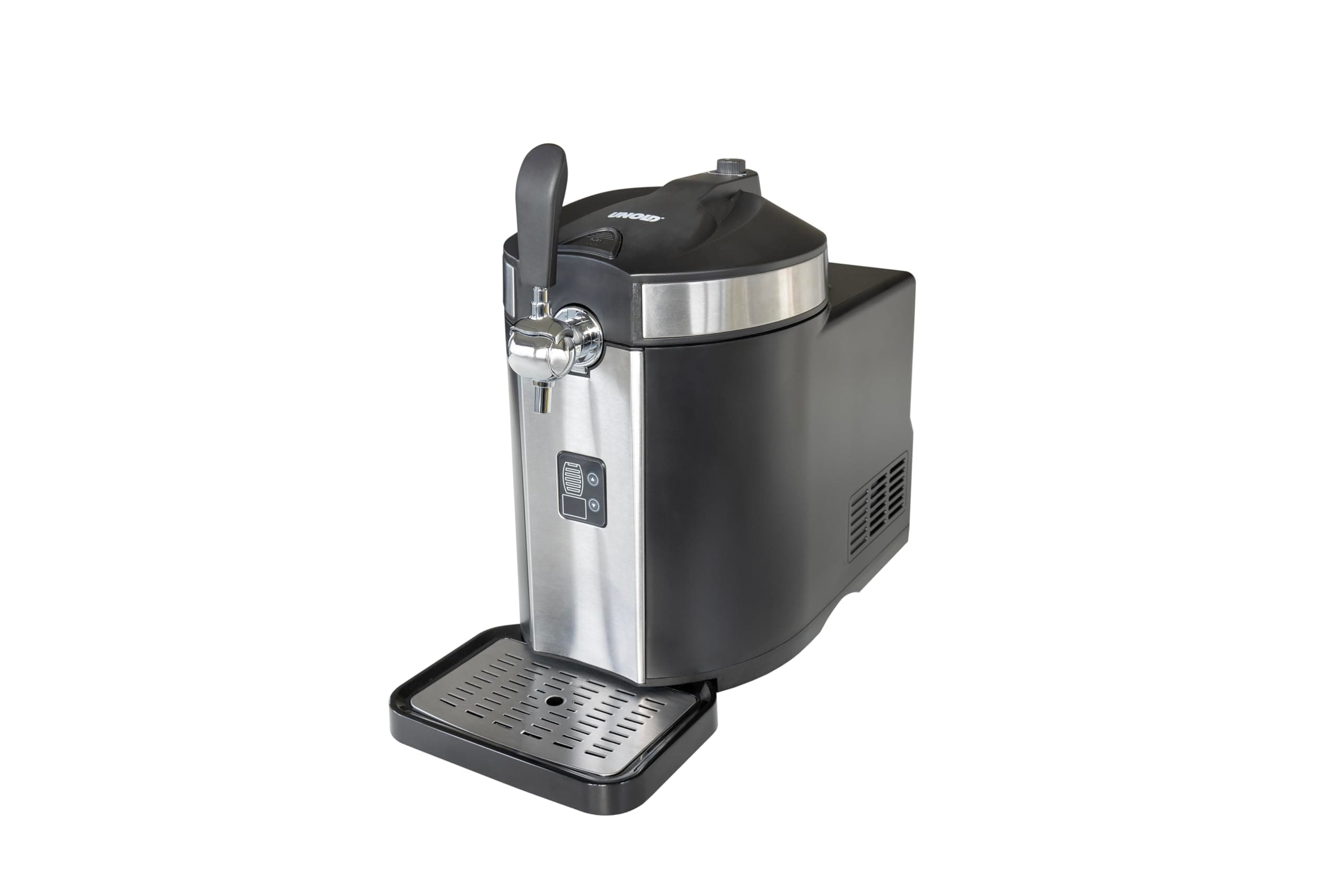 Unold 48975 Bierzapfanlage Franzl - mit Kompressor, Kühlung auf 2-12°C, Füllstandsanzeige, kompatibel für alle gängigen 5l Bierfässer, inkl. 3 CO2-Kartuschen und Adapter für Frische-Fässchen