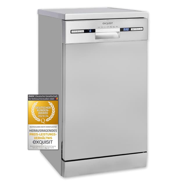 Exquisit Geschirrspüler GSP9309-030E silber | Geschirrspüler 45 cm unterbaufähig und freistehend | 9 Maßgedecke | LED | Spülmaschine 45 cm freistehend