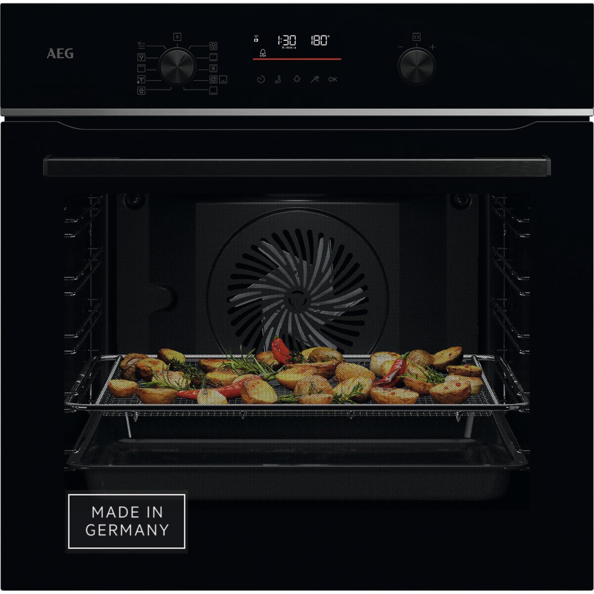 AEG Wifi Einbaubackofen, Serie 6 LED-Touchdisplay, Made in Germany, Pyrolyse Selbstreinigung, Kerntemperatursensor: Für Punktgenaues Garen, AirFry, 45 Automatikprogramme, Schwarz, TS6PB50WAB 6er | LED-Display | ohne Dampf | AirFry Modell 2024