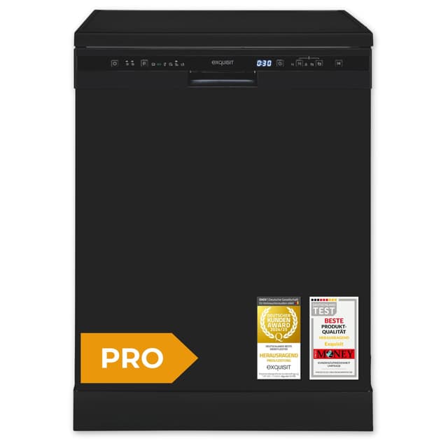 Exquisit PRO Geschirrspüler 60 cm, Unterbaufähig, EEK: C, 14 Maßgedecke, Besteckschublade, Automatische Türöffnung, Startzeitvorwahl, 11 Liter, GSP56314-030C schwarz PRO Schwarz
