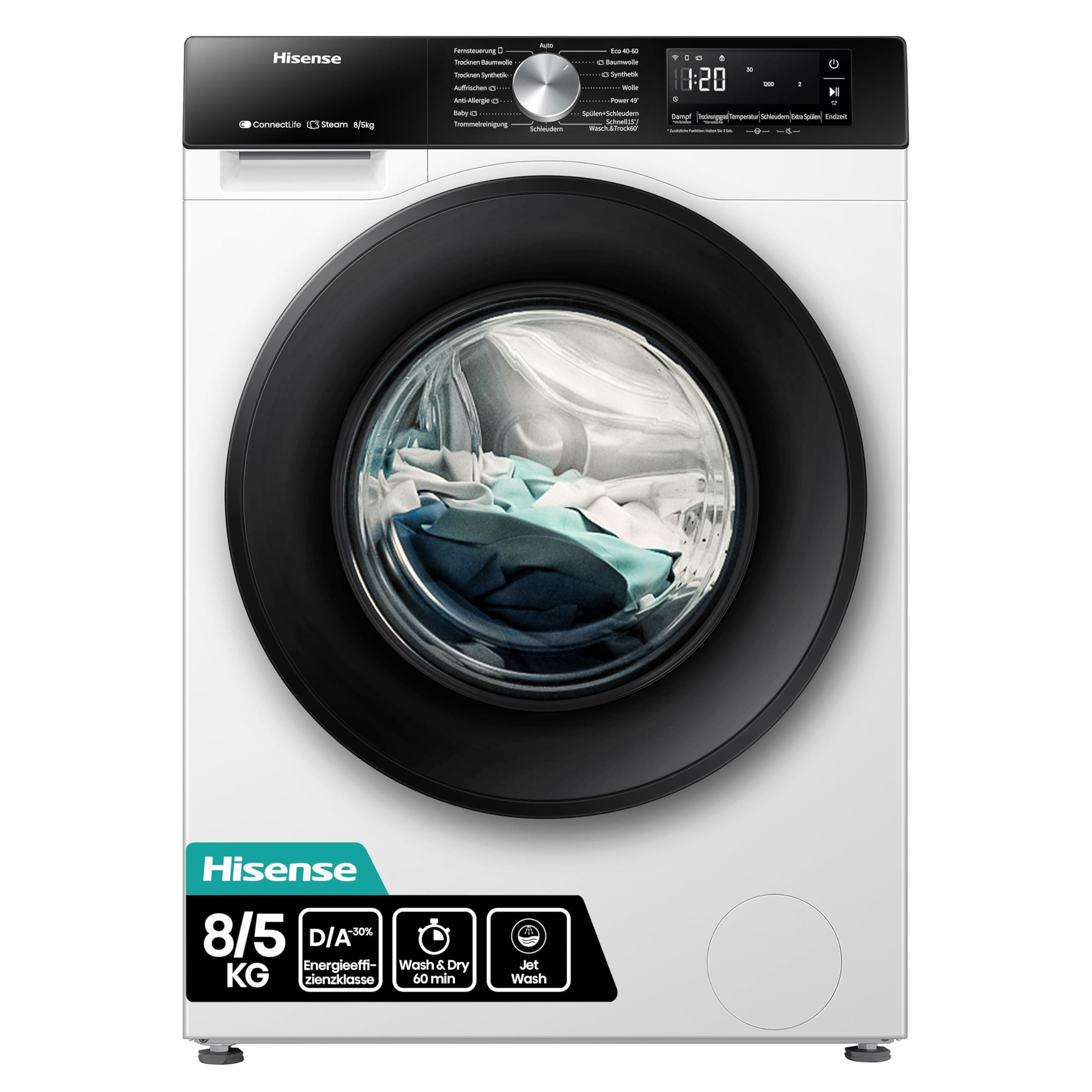 Hisense WD3S8043BW3 Waschtrockner/ConnectLife /16 Programme /8 KG, 54 Liter /1400 U/min/Dampffunktion/JetWash/Anti-Allergie Program/Auto Program/Eco Wash/Steam Refresh/Wolle/EEK A-D 8 Waschtrockner Weiß