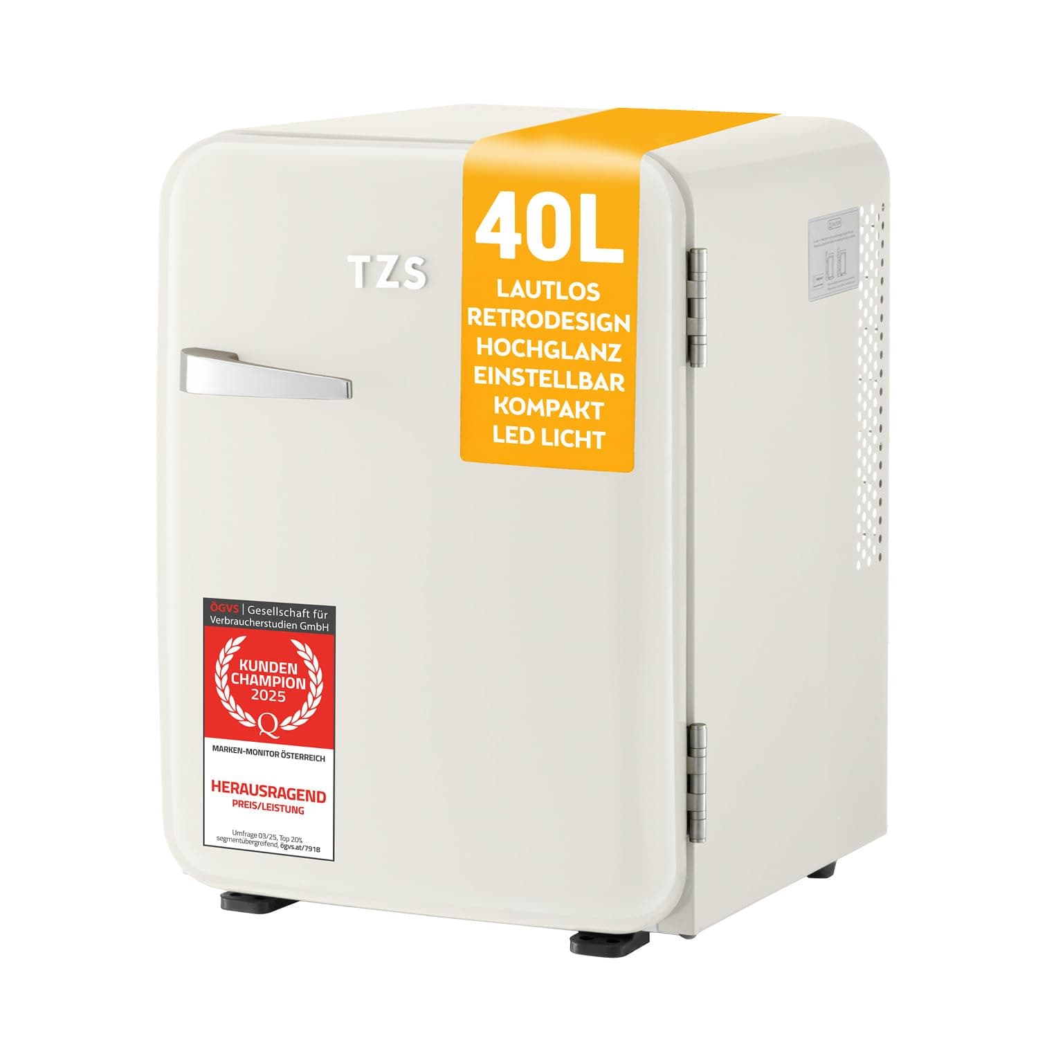 TZS First Austria - Retro Mini Kühlschrank 40L lautlos - Kleiner Minikühlschrank im Vintage-Design mit Innenbeleuchtung & 2 Türfächern - Minibar für Camping, Büro, Schlafzimmer & Hotel - Cremefarben 40 Liter Creme
