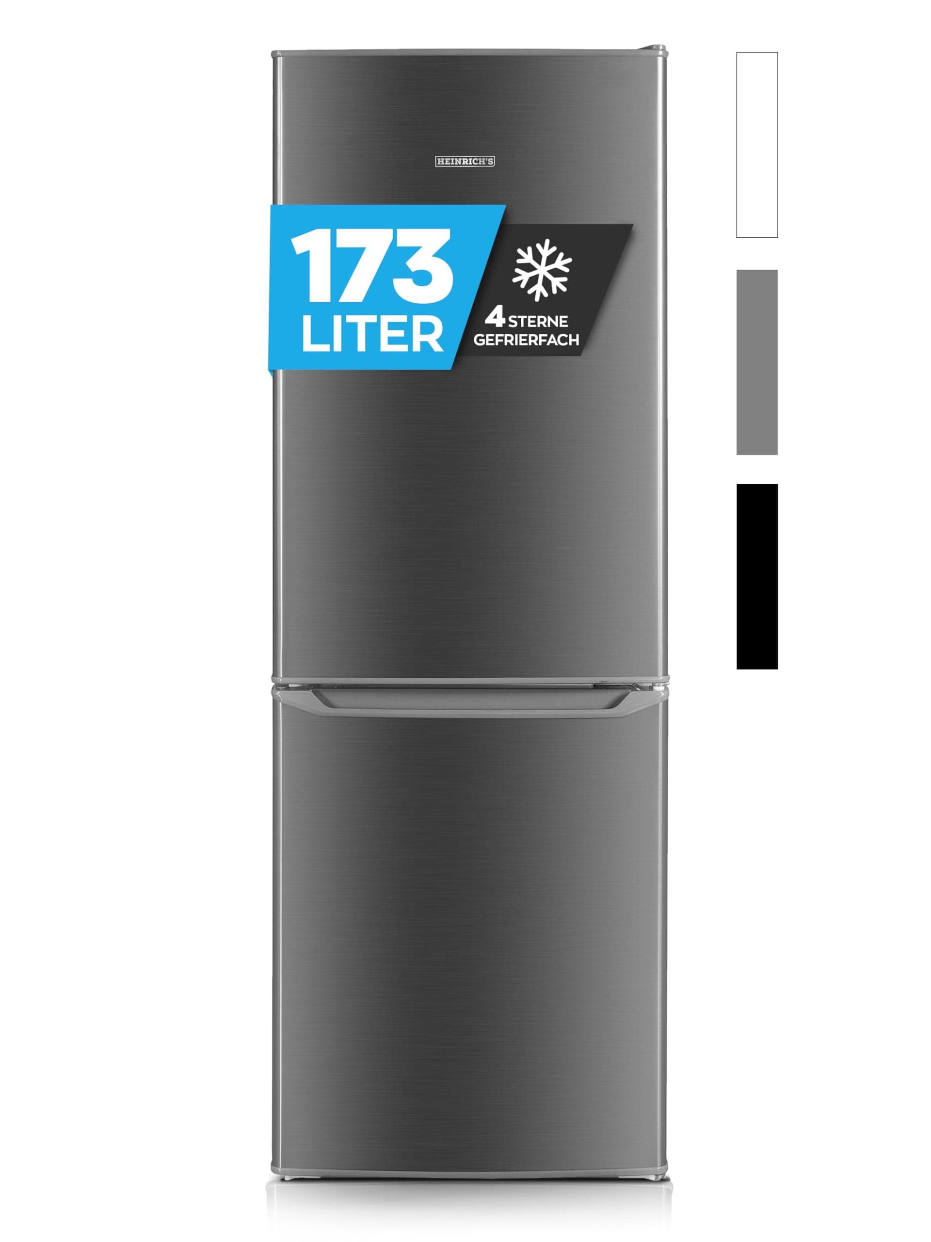 Heinrich´s Kühlgefrierkombination 173L Gesamtvolumen, 121L Kühlvolumen, 52L Gefriervolumen, LED Beleuchtung,Türanschlag wechselbar, leise 40dB, große Tiefkühlboxen, 7Temperaturstufen,inox