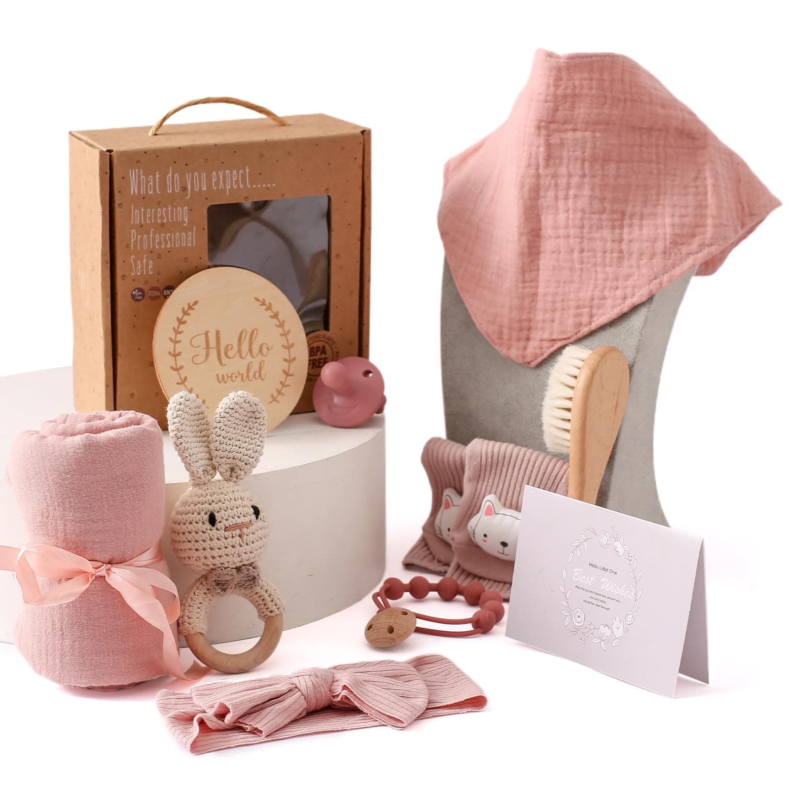WOODEN TEETHER 10-Teilig Baby Geschenk Mädchen Set, Geschenk Mädchen Junge für Neugeborene, Badetücher, Schnullerkette, Rassel, Meilensteinkarten, Lätzchen, Socke, Bürste, Babyparty(Rosa) Bath Sets Pink
