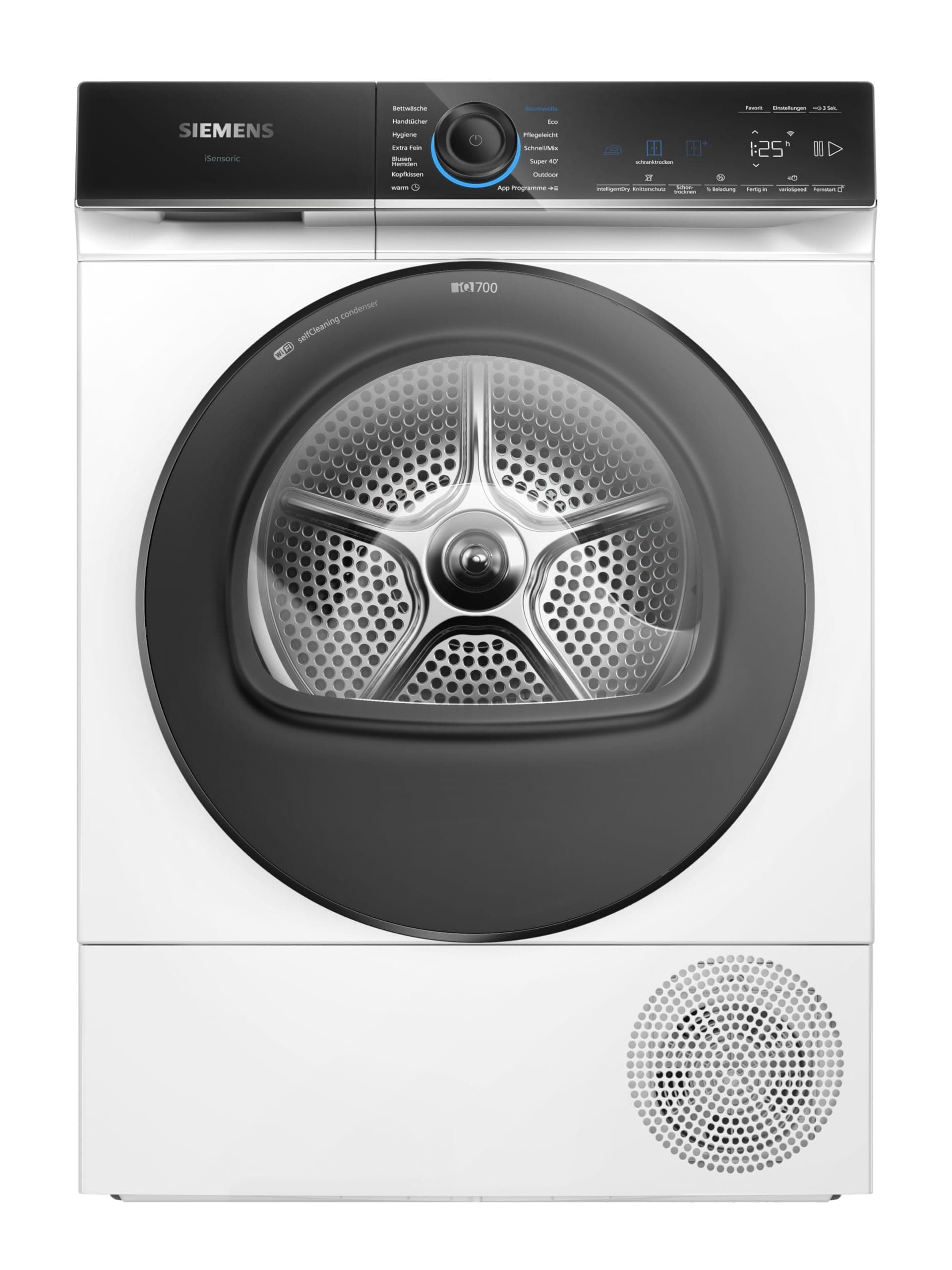 Siemens WQ46B2D0AM iQ700, Wärmepumpentrockner 9 kg, Selbstreinigender Kondensator, schonendes Trocknen, intelligentDry, Halbe Beladung, Knitterschutz, Home Connect, Trommelinnenbeleuchtung, Weiß IQ700 EEK B