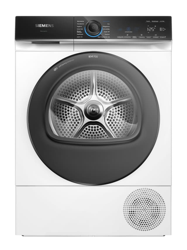 Siemens WQ46B2D0AM iQ700, Wärmepumpentrockner 9 kg, Selbstreinigender Kondensator, schonendes Trocknen, intelligentDry, Halbe Beladung, Knitterschutz, Home Connect, Trommelinnenbeleuchtung, Weiß IQ700 EEK B