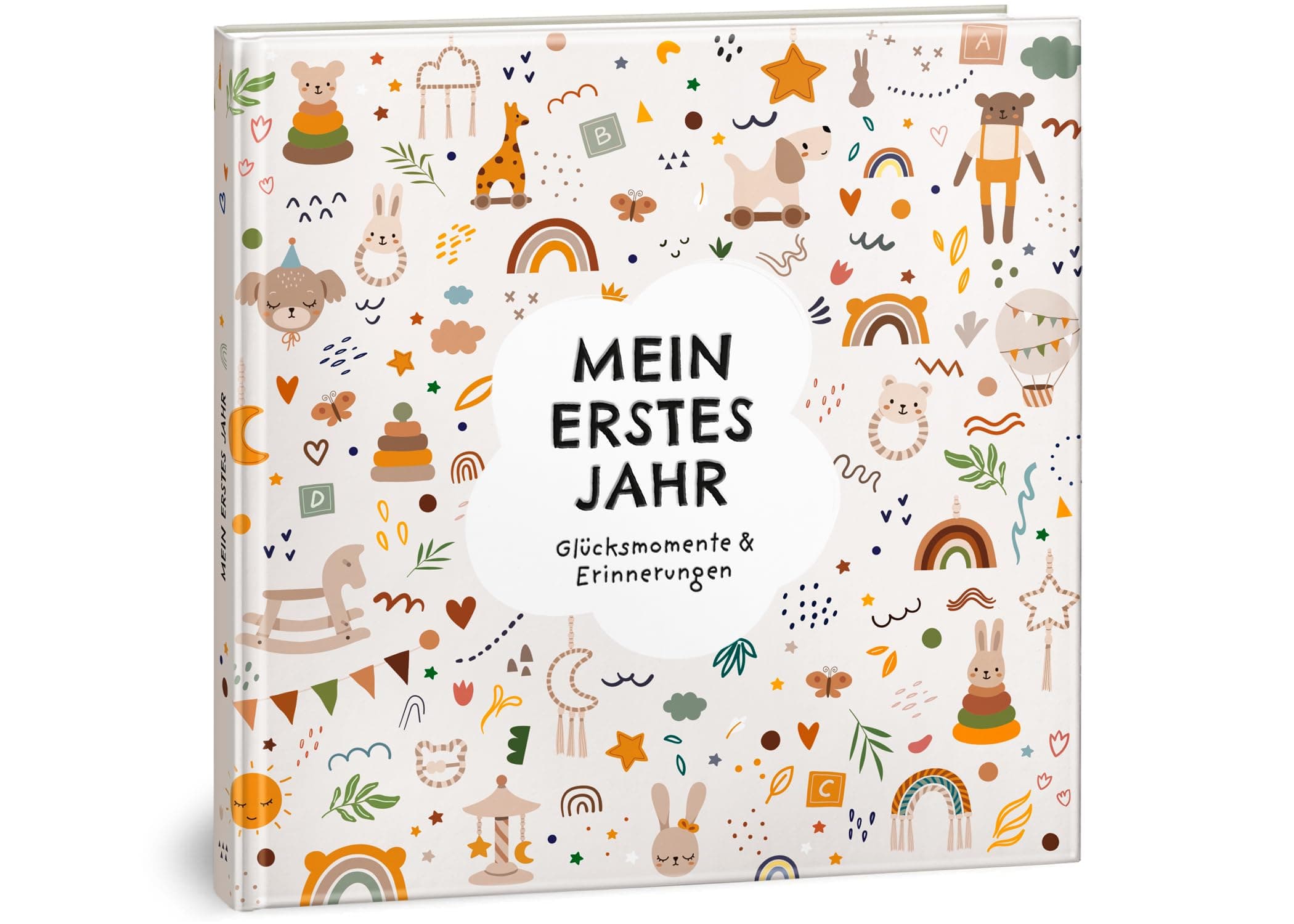 Mein erstes Jahr Babyalbum - Hochwertiges Babytagebuch mit Prägung für die schönsten Erinnerungen - Erinnerungsbuch zum Eintragen für das erste Lebensjahr - Baby Geschenk zur Geburt: Boho Spielzeug 1. Boho Spielzeug