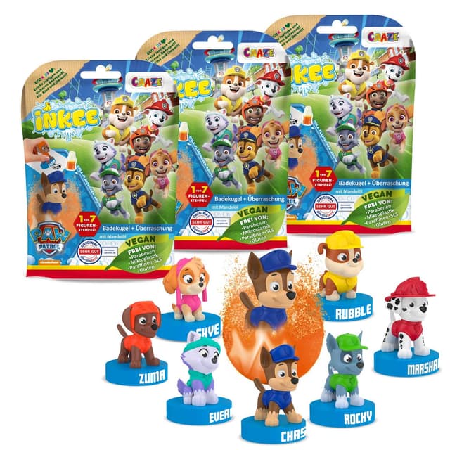 INKEE - Surprise Paw Patrol Badebomben Kinder mit Überraschung Überraschungs-Badekugel mit Stempel 3er-Multipack - Badezusatz Kinder 3x Badebomben mit Überraschung
