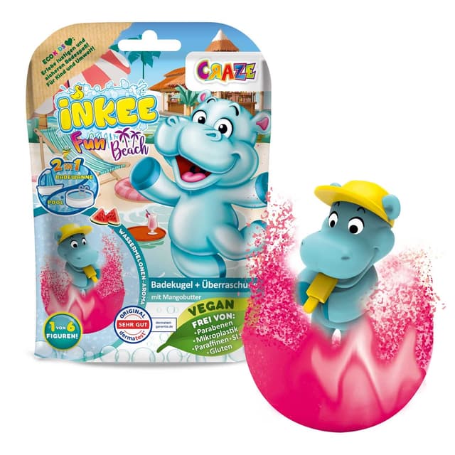 INKEE FUN BEACH | Badekugel Kinder mit Überraschung, Badebombe Kinder mit Hippo Stempel, Mit Mangobutter & Wassermelone-Duft 1x Fun Beach