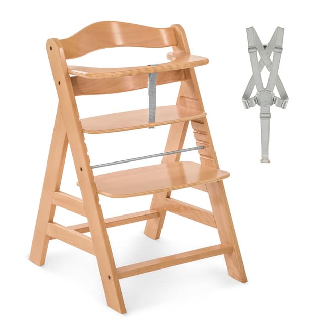 hauck Alpha+, Natur - Mitwachsender Holzhochstuhl aus Buche für Kinder ab 6 Monaten bis 90 kg - Inklusive 5 Punkt Gurt, Schrittgurt, Schutzbügel - Kompatibel mit viel Zubehör Natur Hochstuhl