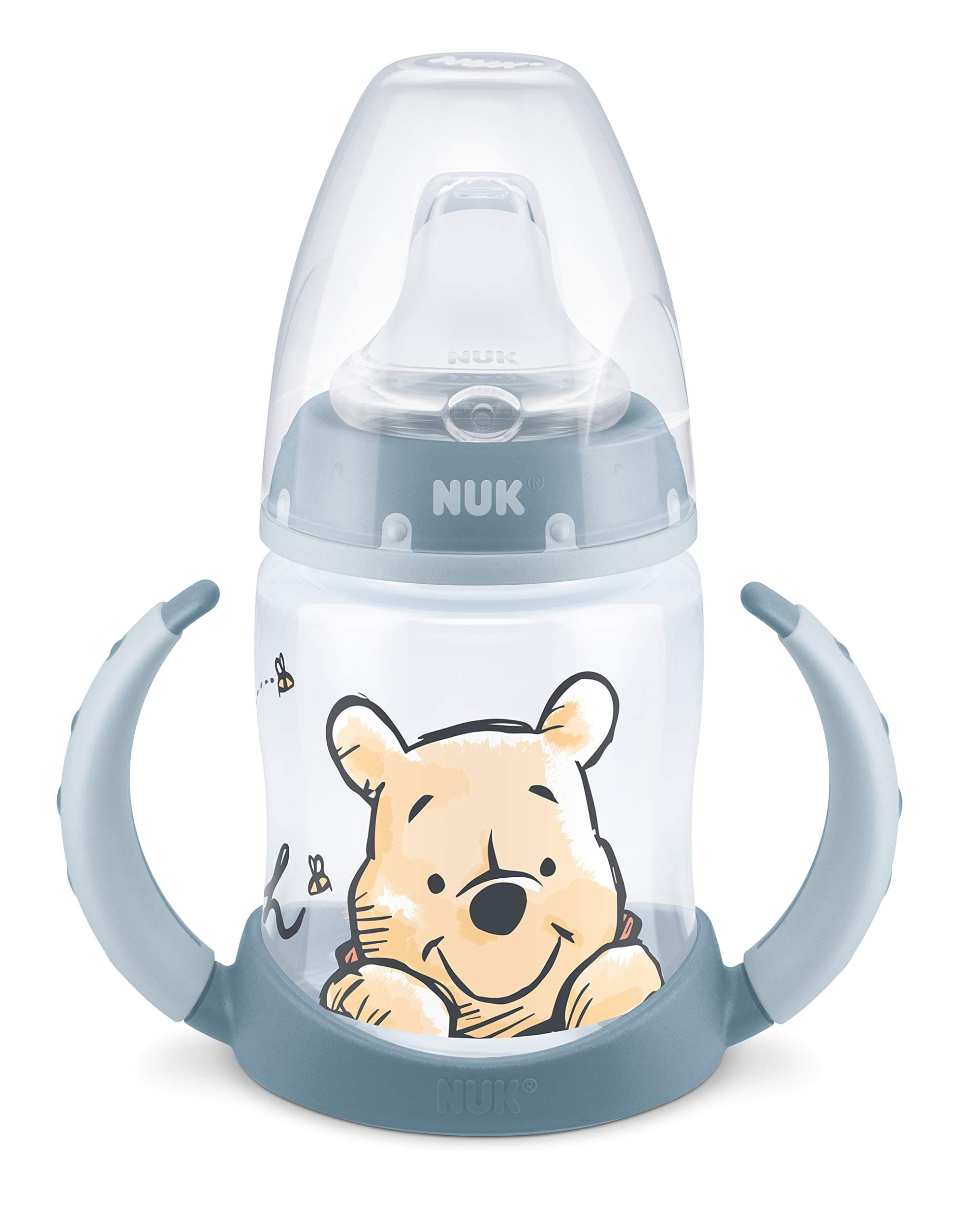 NUK First Choice+ Trinklernflasche | 6–18 Monate | 150 ml | Temperature Control Anzeige | Anti-Colic-Ventil | auslaufsichere Trinkschnabel | Ergonomische Griffe | BPA-frei | Disney Winnie Puuh blau Standard Winnie Puuh (Blau)
