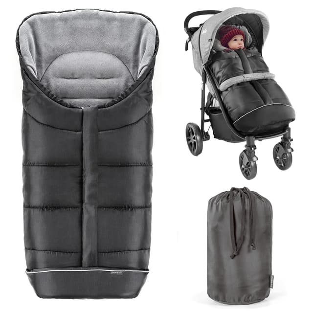 Zamboo Winter-Fußsack für Kinderwagen, Sportwagen & Buggy - Deluxe-Thermo-Fleece, Tasche, Anti-Rutschschutz & Reflektorstreifen – Schwarz