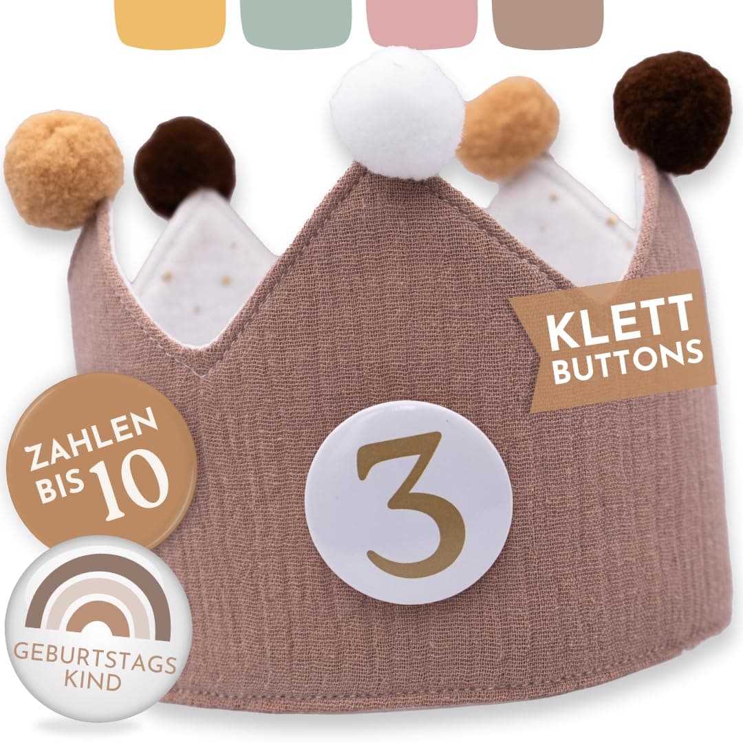 BJORKI® Geburtstagskrone Mädchen & Junge aus Musselin – Klett-Buttons mit Zahlen von 1-10 – Wendbare Krone Geburtstag Mädchen, Krone Geburtstag Junge, Krone Kindergeburtstag, Geburtstag Krone Beige