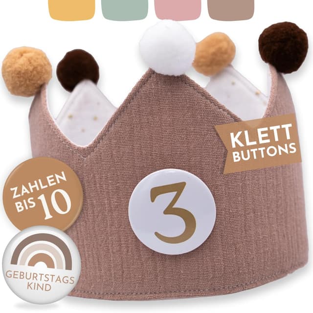 BJORKI® Geburtstagskrone Mädchen & Junge aus Musselin – Klett-Buttons mit Zahlen von 1-10 – Wendbare Krone Geburtstag Mädchen, Krone Geburtstag Junge, Krone Kindergeburtstag, Geburtstag Krone Beige