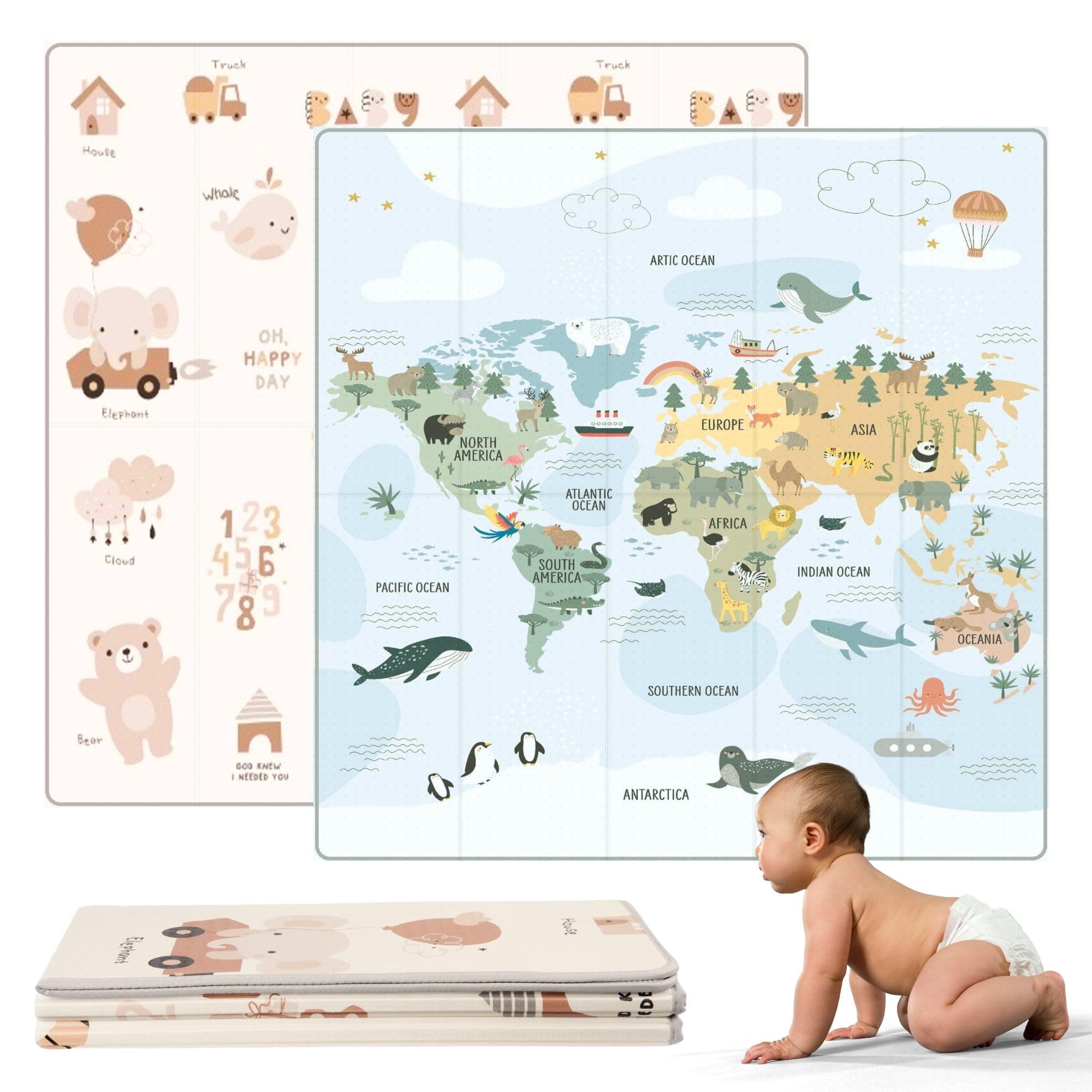 HuBorns - Spielmatte Baby Faltbar 200x180 cm und Wendbar, Krabbelmatte Baby Schadstofffrei mit CE Zertifikat, Play Mat XXL Gepolstert, Spielmatte Rutschfest und Wasserdicht (Weltkarte) Weltkarte XL