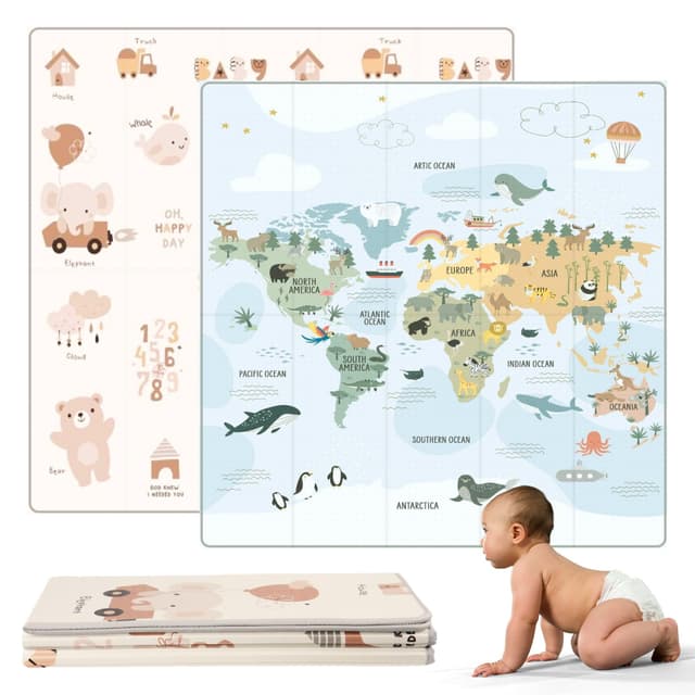 HuBorns - Spielmatte Baby Faltbar 200x180 cm und Wendbar, Krabbelmatte Baby Schadstofffrei mit CE Zertifikat, Play Mat XXL Gepolstert, Spielmatte Rutschfest und Wasserdicht (Weltkarte) Weltkarte XL