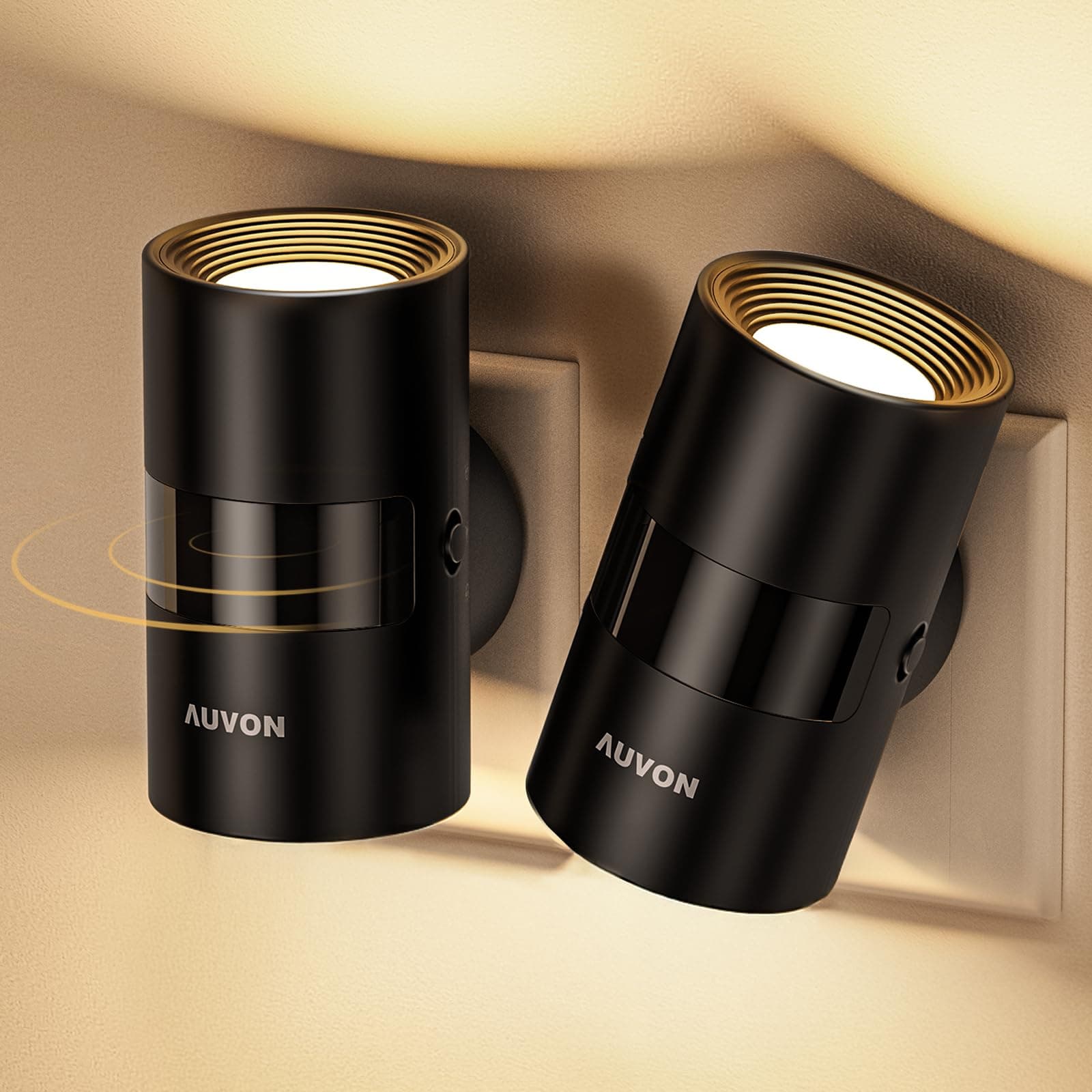 AUVON Nachtlicht Steckdose mit Bewegungssensor & Dämmerungssensor (90° Drehbar, Zuschaltbare Auf-/Abwärtsbeleuchtung, 1-50 lm Dimmbar), Night light Warmweiß für Flur Treppe Schlafzimmer Küche, 2 Stück