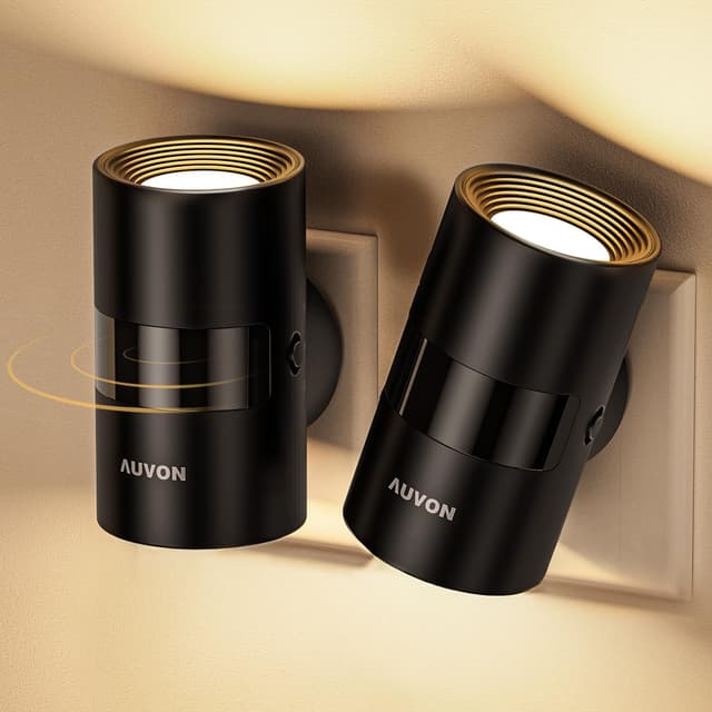 AUVON Nachtlicht Steckdose mit Bewegungssensor & Dämmerungssensor (90° Drehbar, Zuschaltbare Auf-/Abwärtsbeleuchtung, 1-50 lm Dimmbar), Night light Warmweiß für Flur Treppe Schlafzimmer Küche, 2 Stück