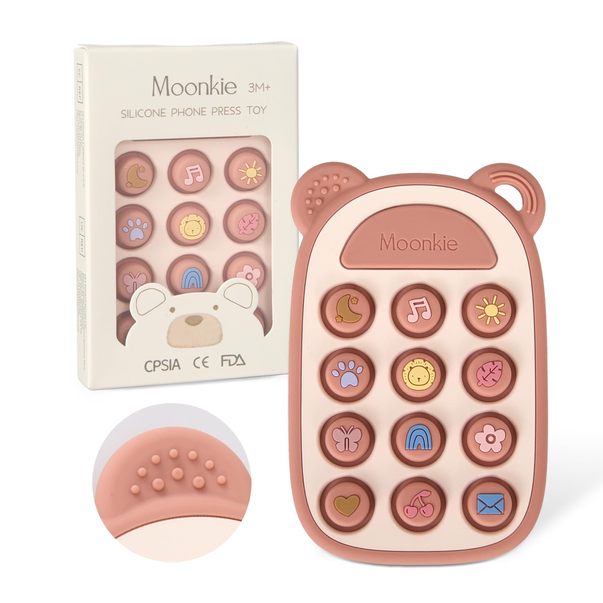 Moonkie Beißring Baby, Silikon Spielzeug Handy, ab 3 Monate+, Kinder Telefon zum Pop It Spielzeug, BPA-frei, Beißspielzeug Baby für Jungen & Mädchen, Geschenk für Kleinkind (Blush)