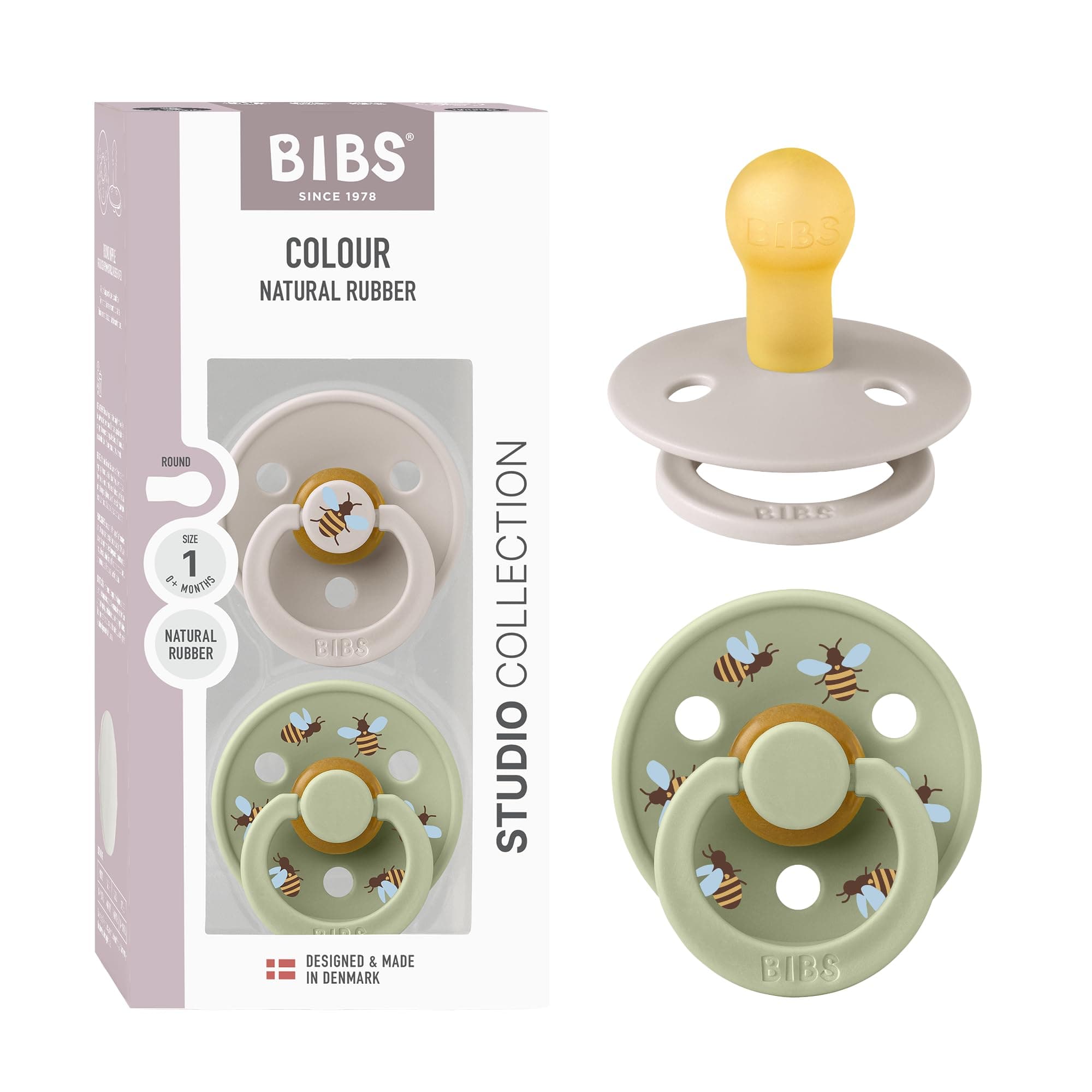 BIBS Colour Studio Schnuller 2er-Pack, BPA-frei, Kirschform Nippel. Naturkautschuk/Latex, Hergestellt in Dänemark, Größe 1 (0-6 Monate), Mushroom/Sage Mushroom / Sage Größe 1 (2er Pack)