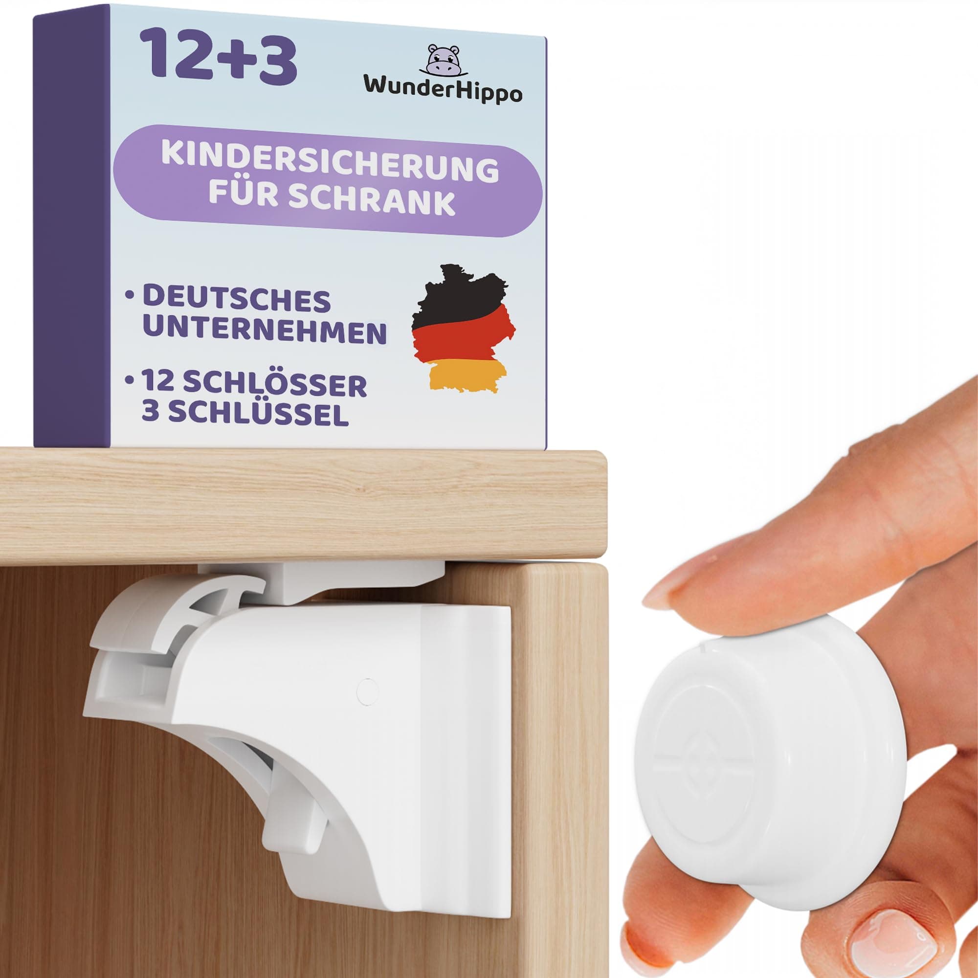 WunderHippo Magnetische Kindersicherung 12 Schlösser + 3 Schlüssel – Unsichtbarer Magnetverschluss – Schranksicherung & Schubladensicherung ohne Bohren – Weiß Weiß 12+3