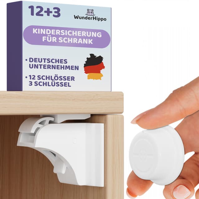 WunderHippo Magnetische Kindersicherung 12 Schlösser + 3 Schlüssel – Unsichtbarer Magnetverschluss – Schranksicherung & Schubladensicherung ohne Bohren – Weiß Weiß 12+3